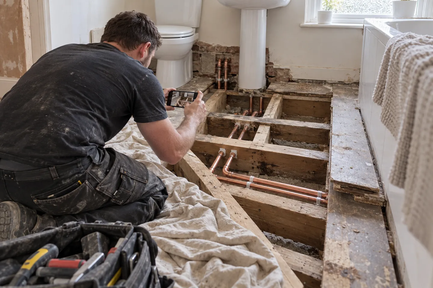 Plumber kneeling on a bathroom floor photographing new copper pipework between the joists before the floorboards are refitted