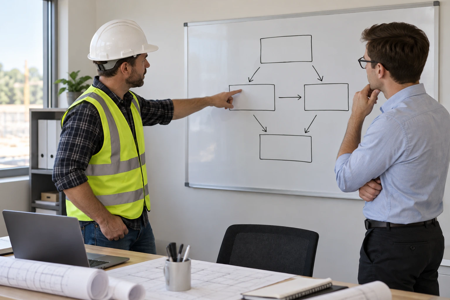 A heating engineer and his business partner at a kitchen table, sorting through paper job sheets and invoices to trace one recent job from call to payment