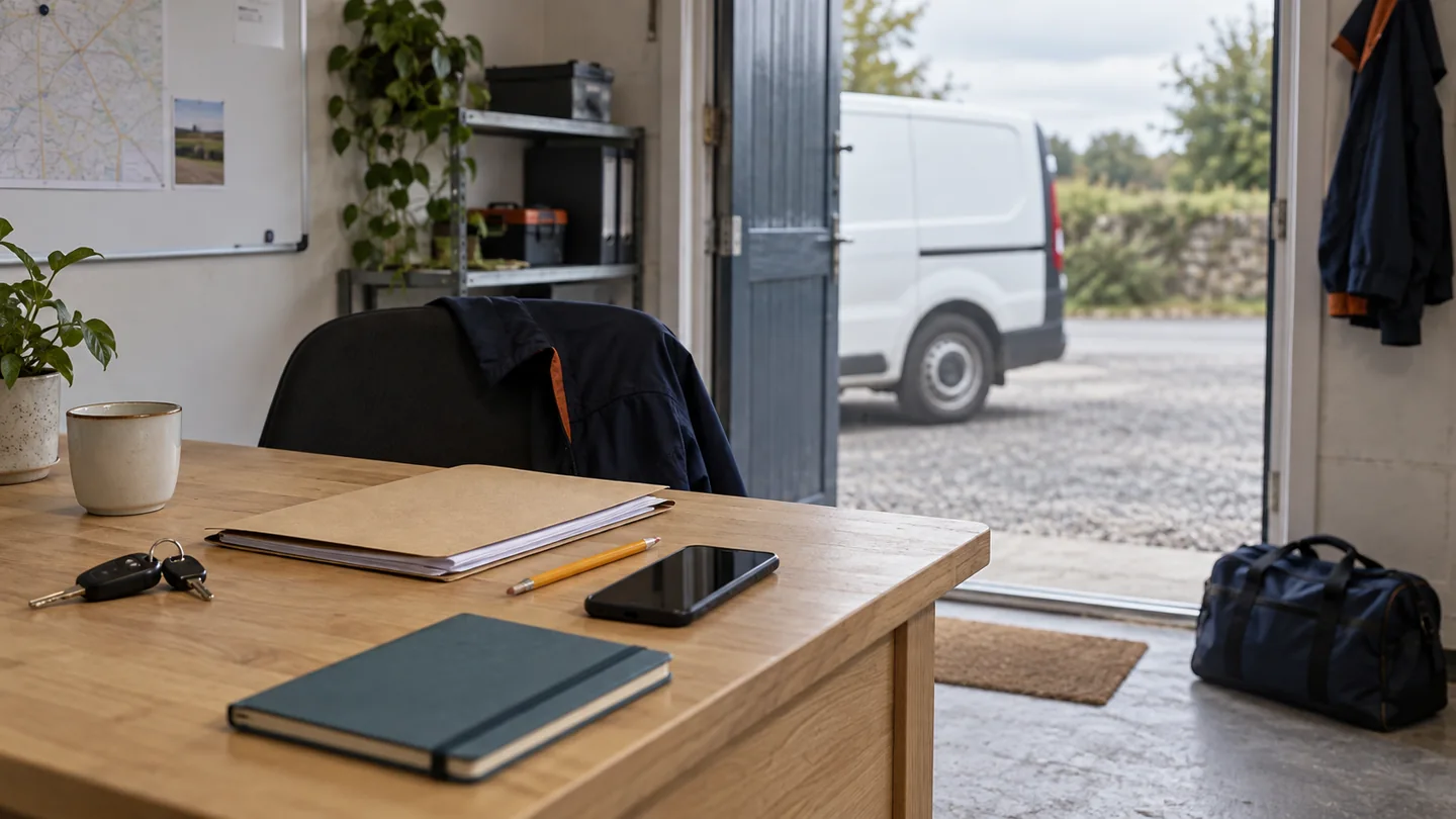 Notebook, phone and keys on a wooden office desk, with an unbranded van outside an open doorway.