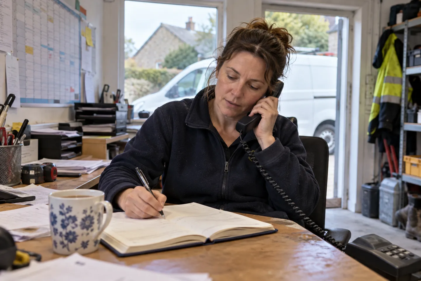 Office worker at a small desk writing an enquiry into a paper notebook while on the phone, with a van visible through the window