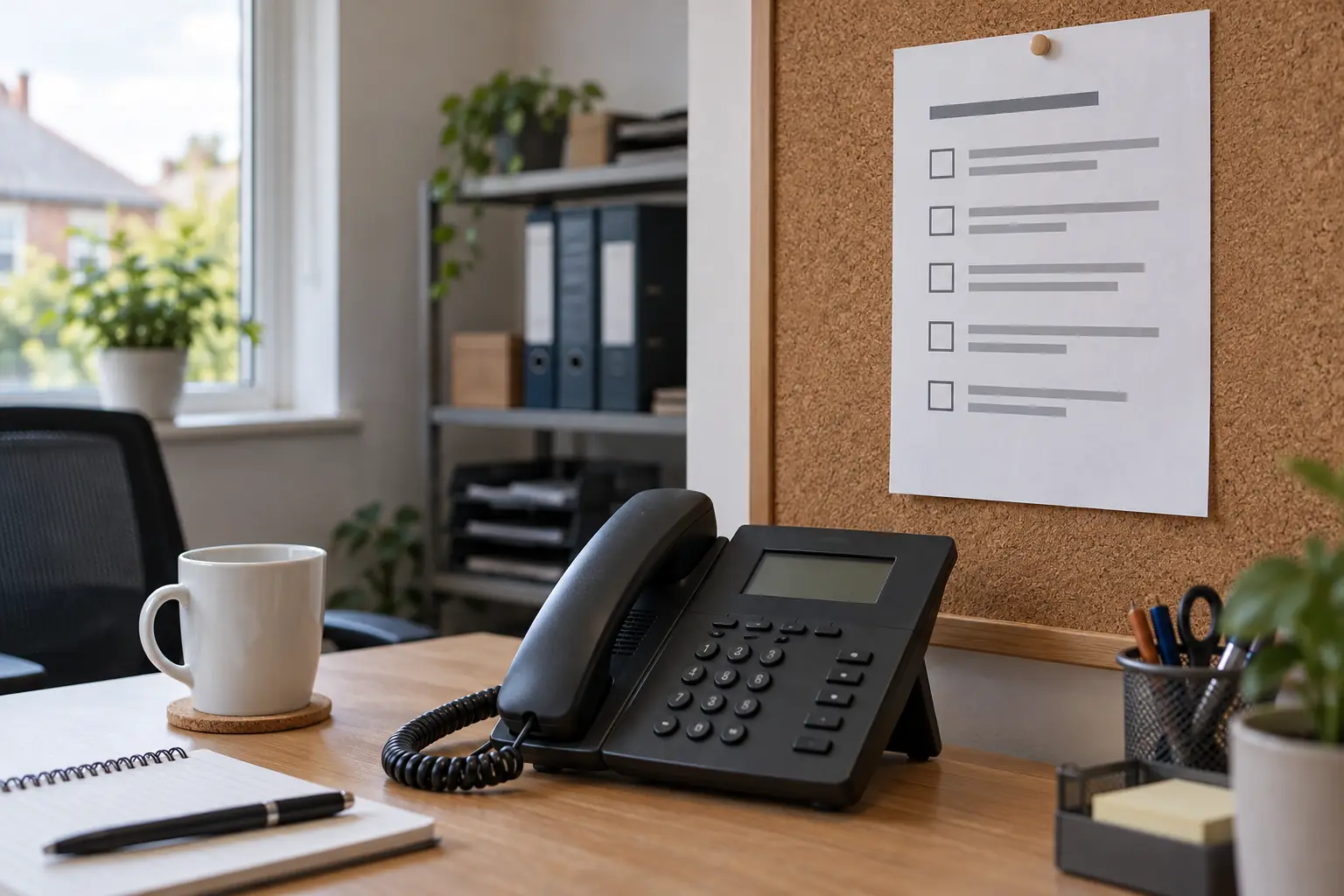 Printed call handling checklist pinned above an office desk