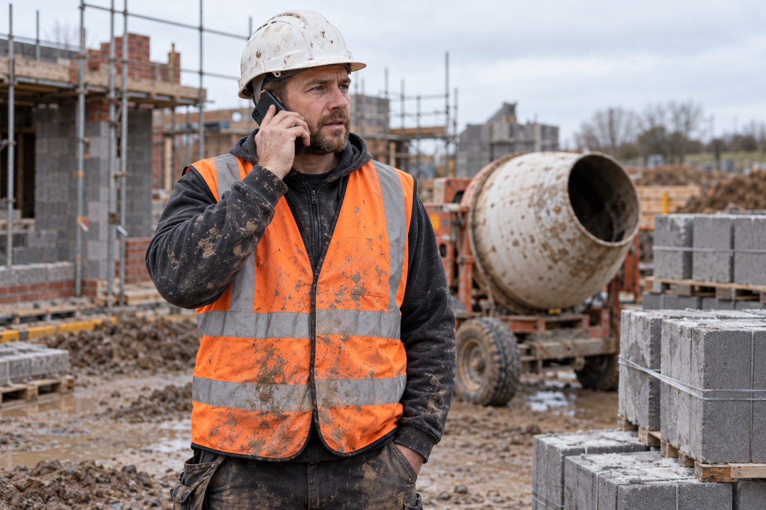 A builder on a muddy site listening carefully to a call on his phone