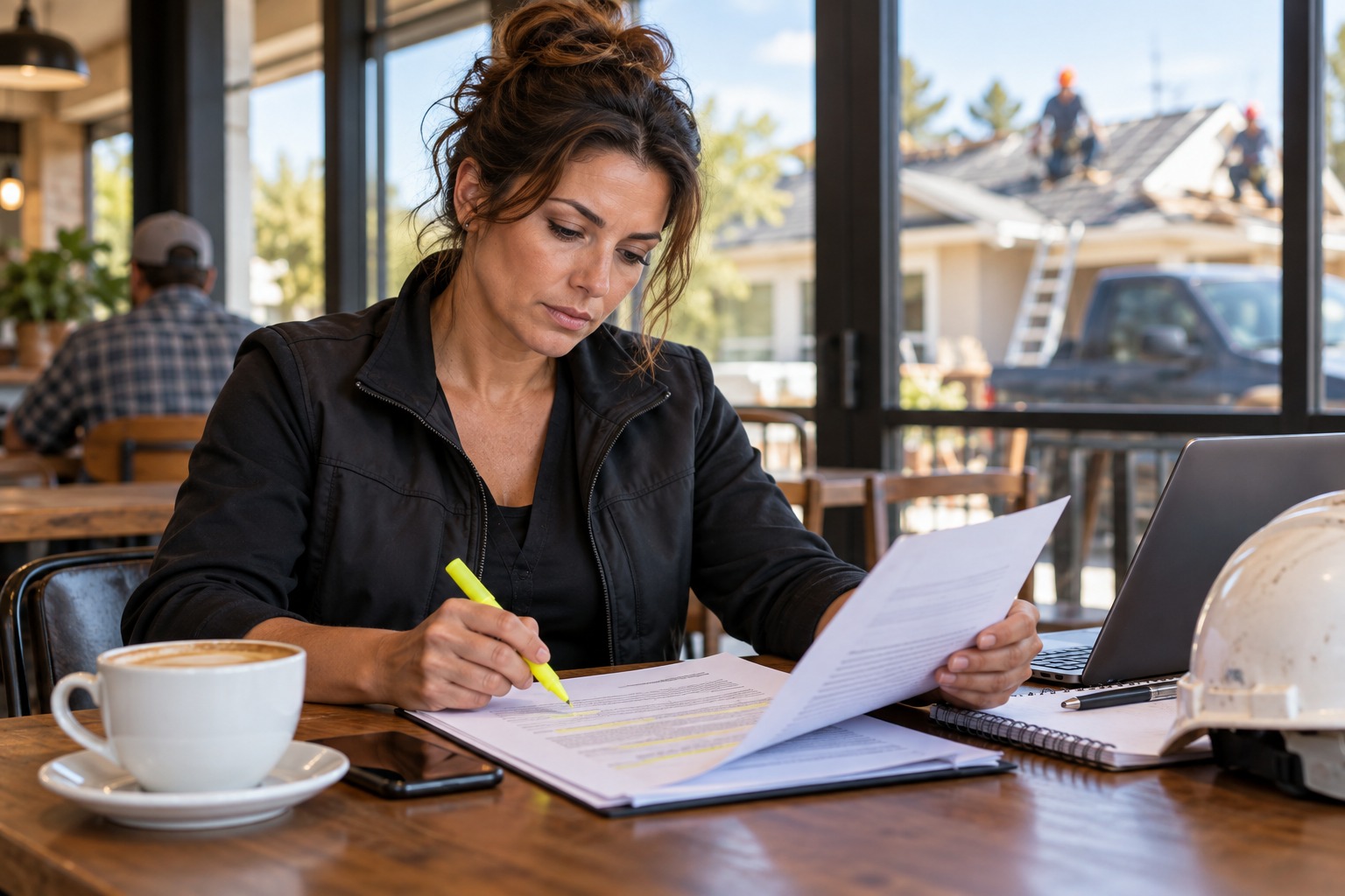 A trade business owner and an office person reading through a printed service contract at a desk