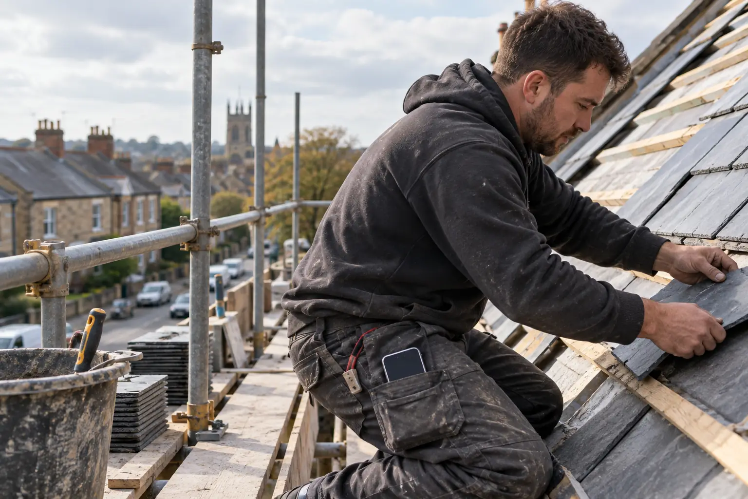 Roofer on scaffolding with his phone ringing while he works