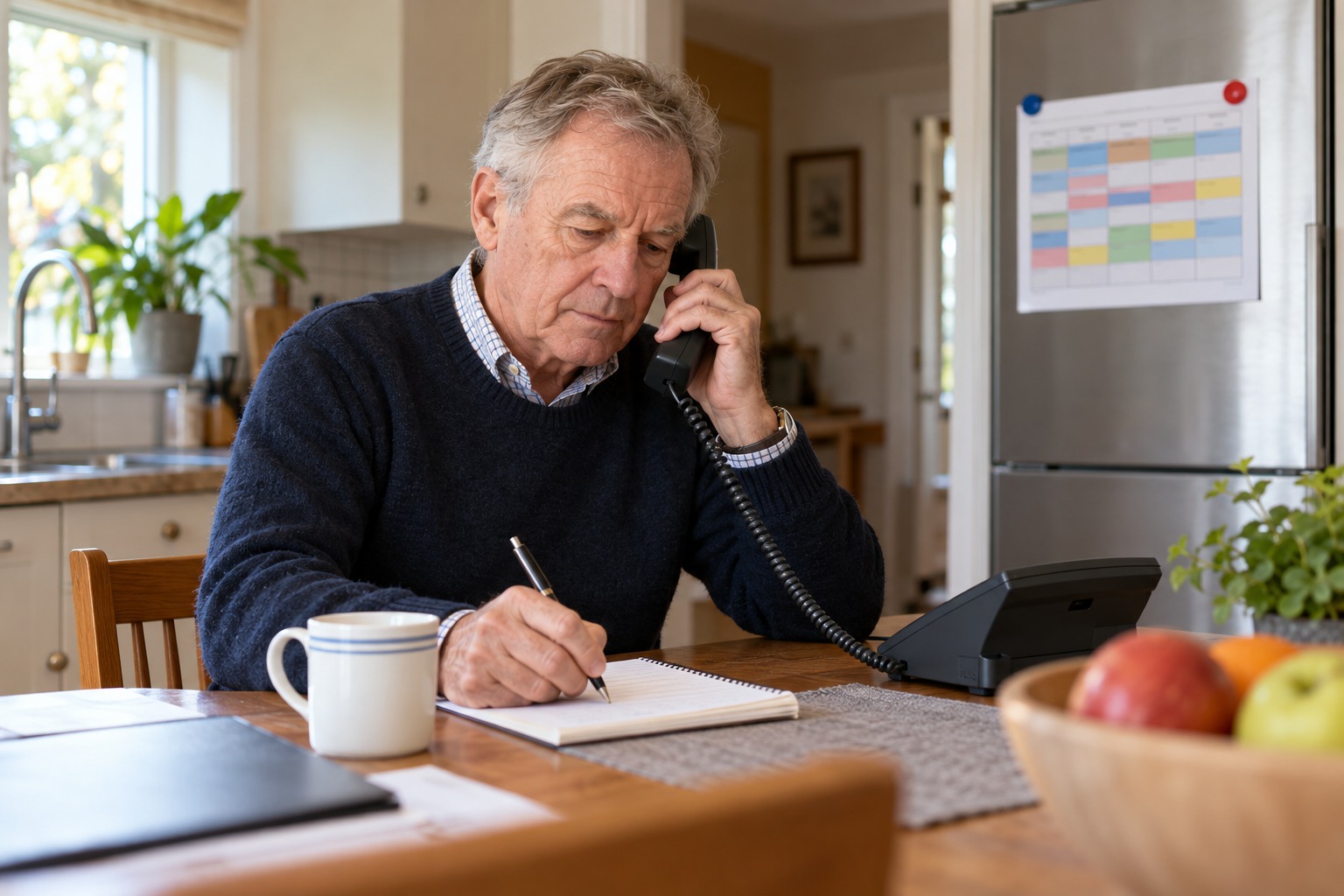 A partner answering a diverted business call at the kitchen table and writing the details in a notebook