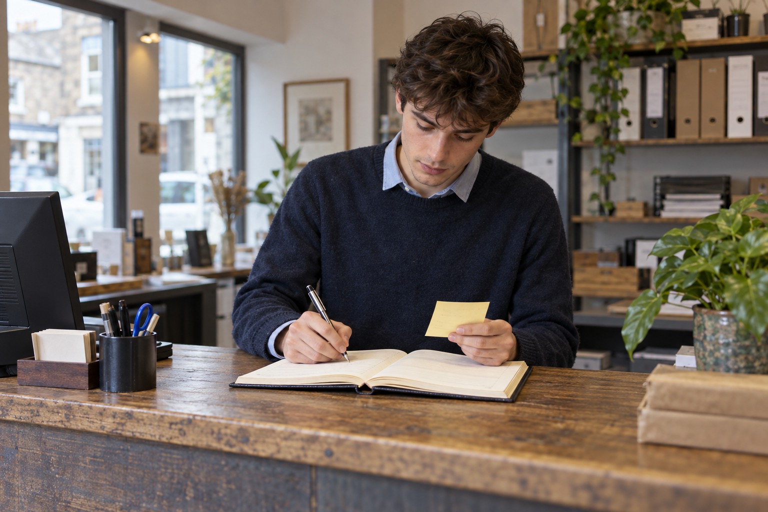 An office person copying a phone message into the enquiry record book at a small desk