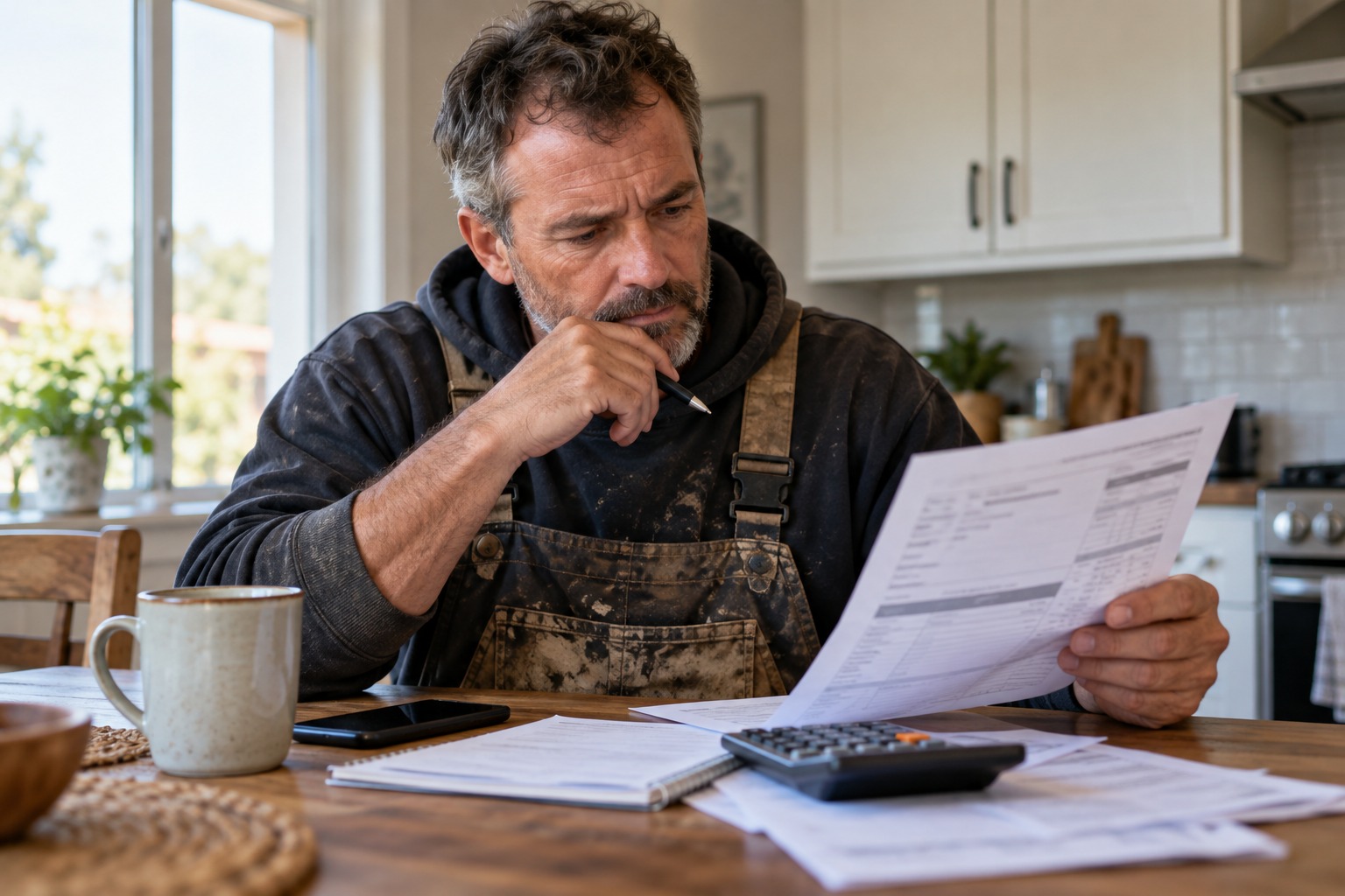 A roofer working out costs with a calculator and notepad at his kitchen table in the evening