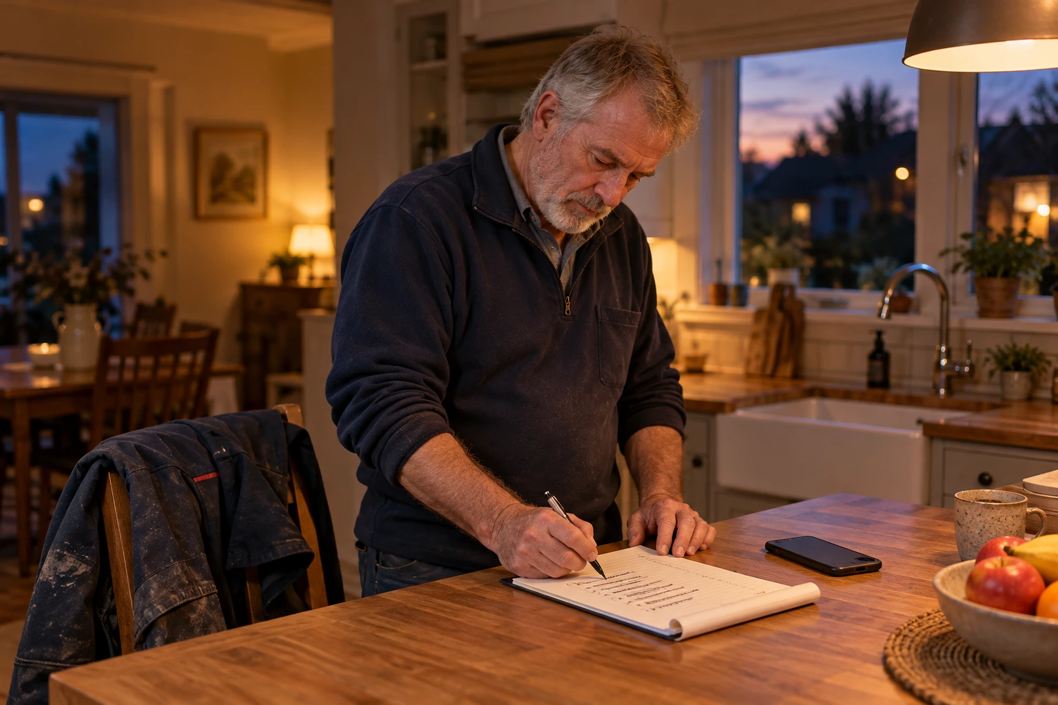 Plumbing firm owner crossing off a paper enquiry pad at a kitchen worktop