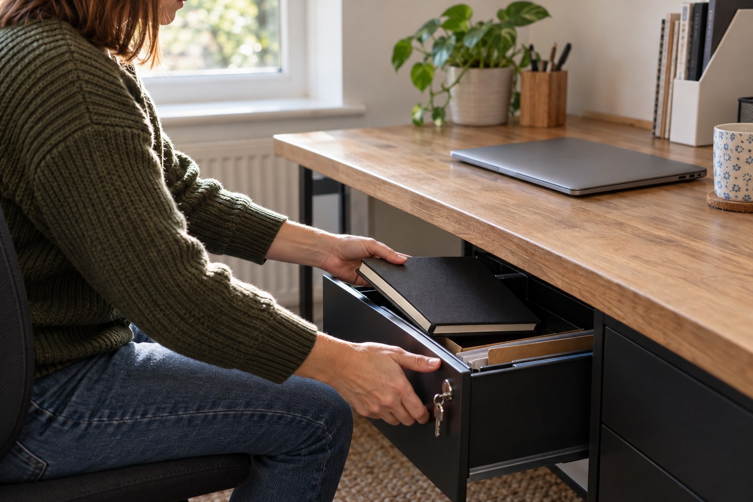 A paper enquiry book being put away in a lockable desk drawer in a small home office