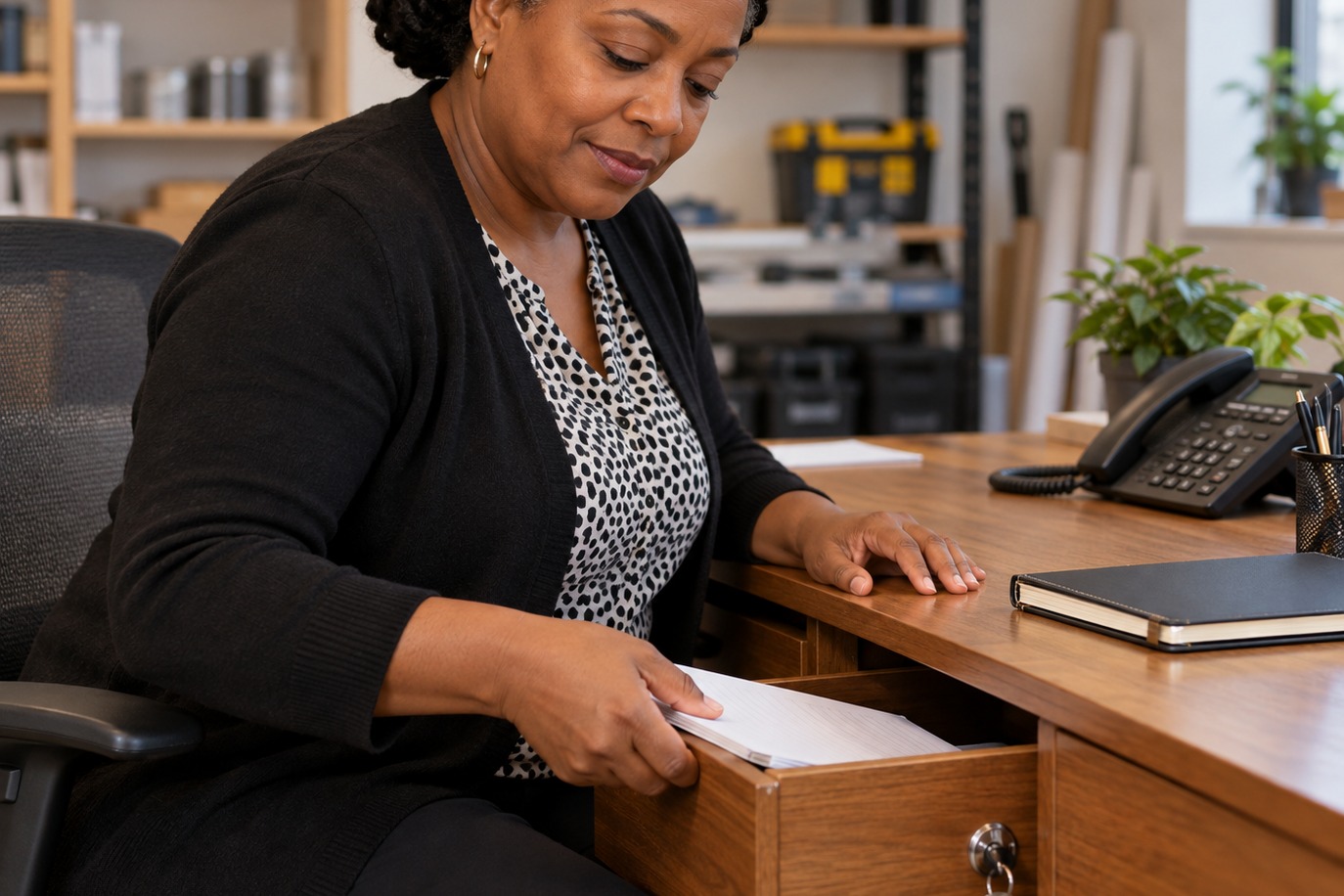 A man putting a paper enquiry pad away in a lockable desk drawer in a small office