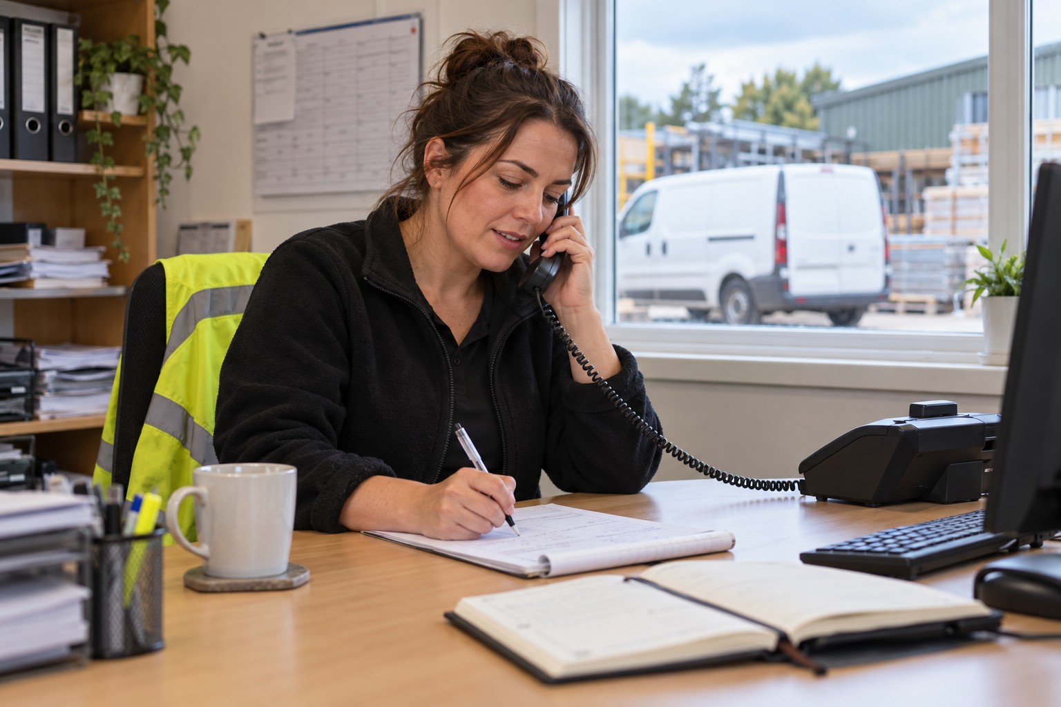 A woman at a small office desk taking a phone call and writing on a paper enquiry pad