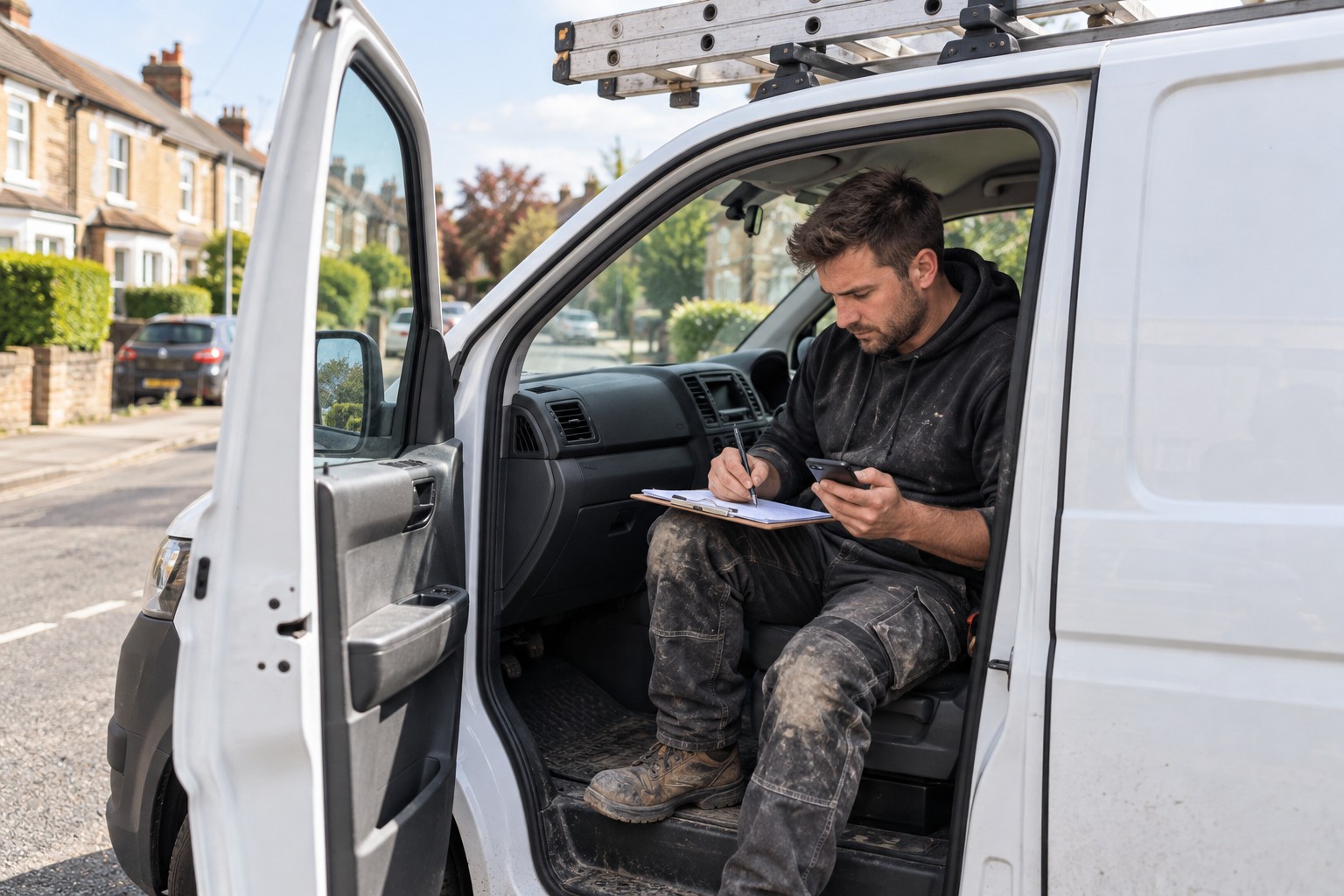 A roofer sitting in his van cab writing customer details on a clipboard after a call