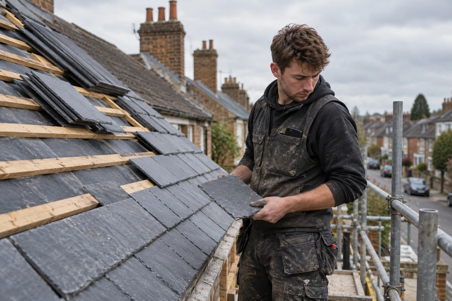 Roofer holding a slate on scaffolding beside a terraced house