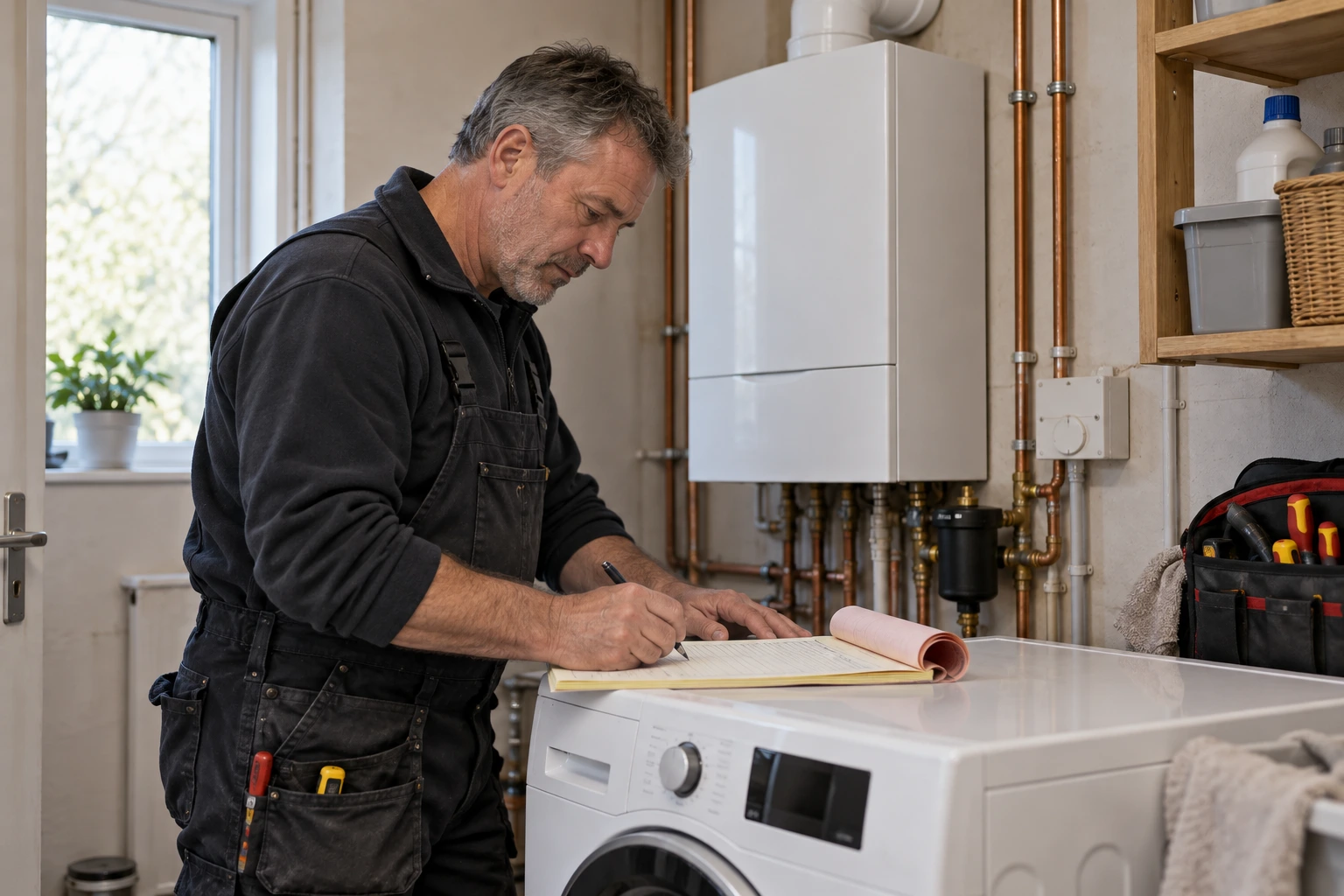 Heating engineer writing an invoice on a pad after a boiler swap