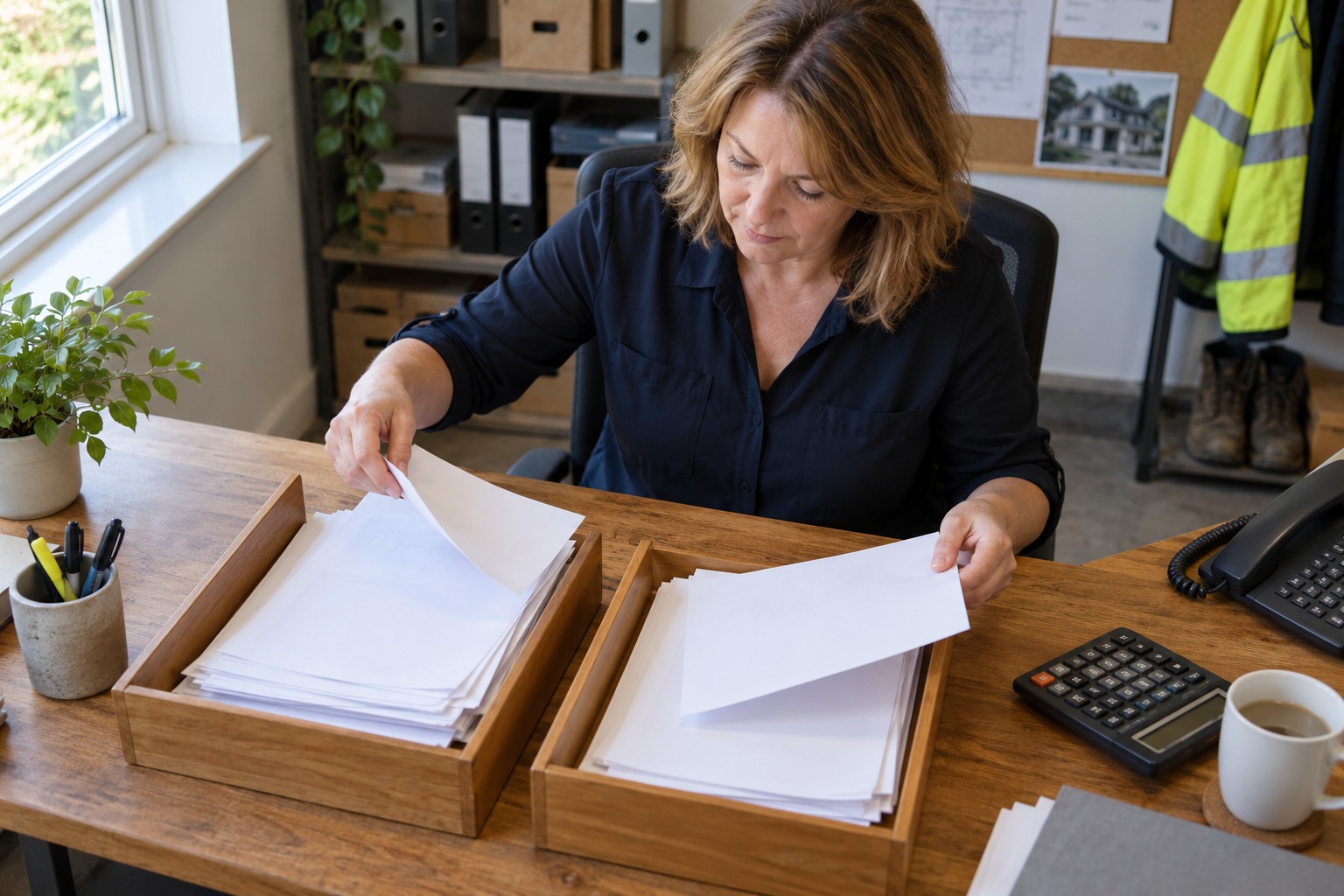 A trade business owner working out late payment interest on an invoice with a calculator and notepad