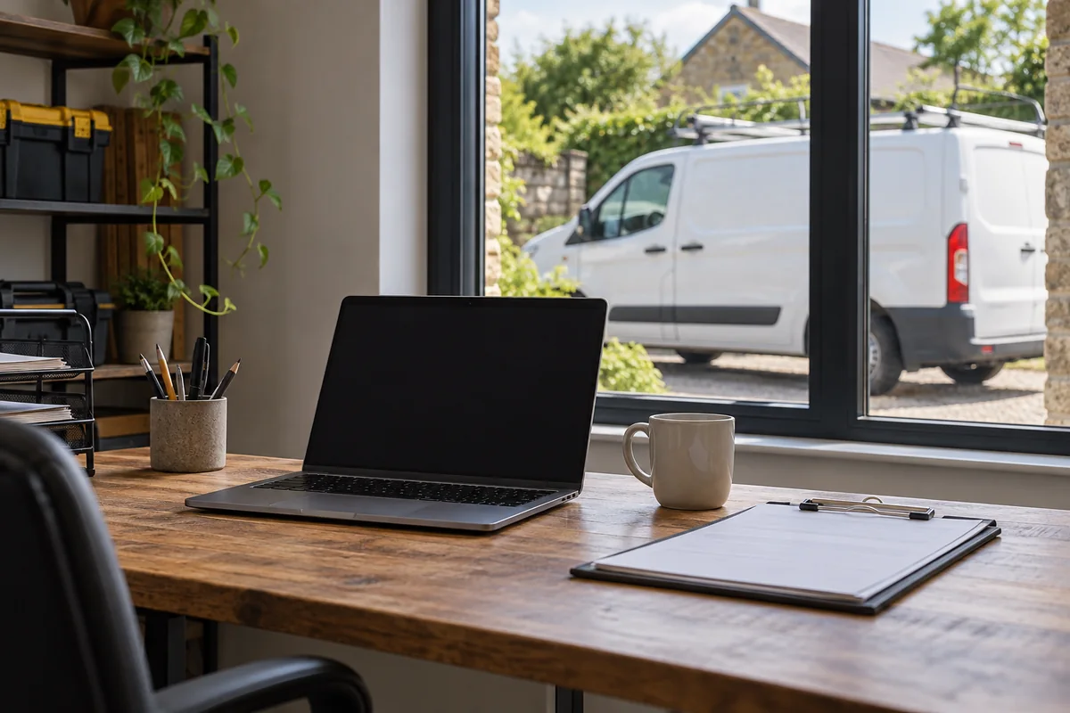 A small office desk with a laptop and a clipboard of paperwork, with a work van parked outside the window