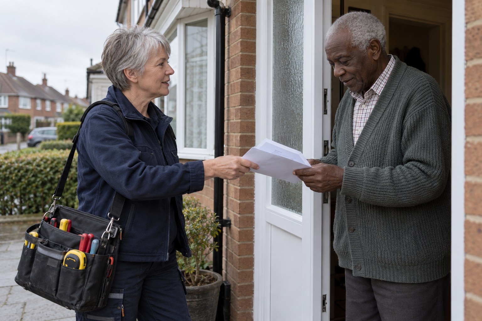 An electrician on a front doorstep handing a printed invoice in an envelope to an older homeowner