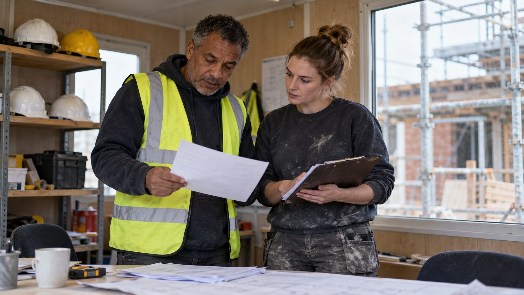 A builder and a subcontract plasterer in a site cabin checking a printed invoice against a list of completed work