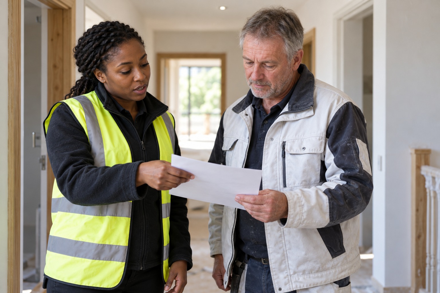 Site supervisor handing a paper job sheet to a joiner