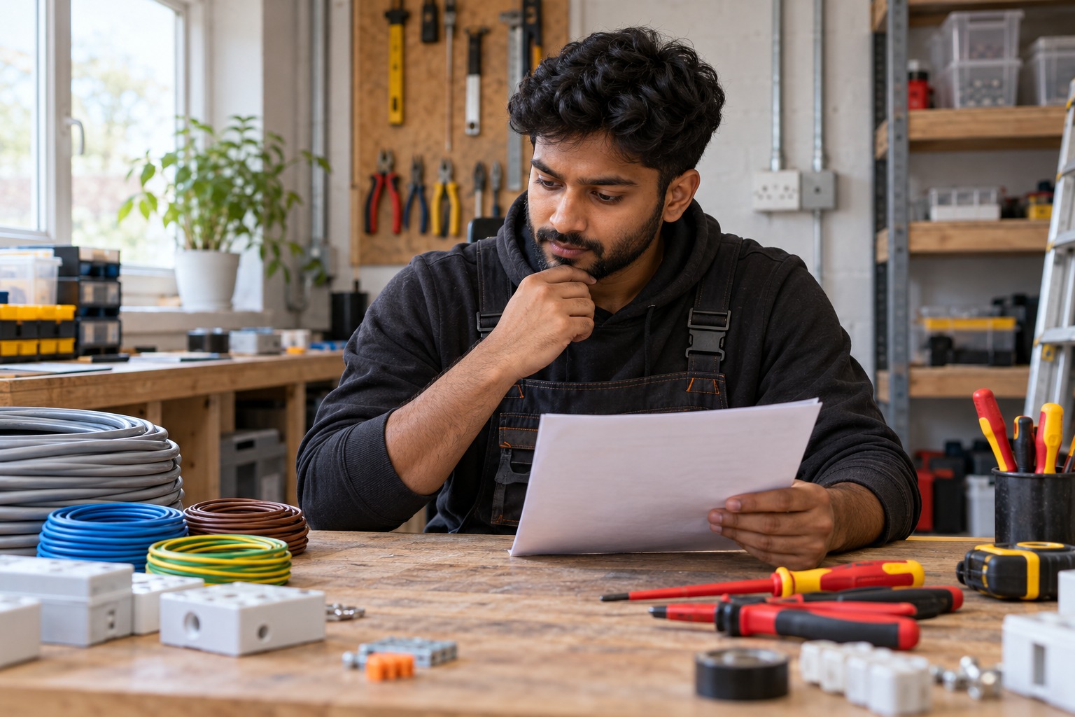 A plumber writing parts and quantities on a job sheet at a kitchen worktop with fittings laid out beside it