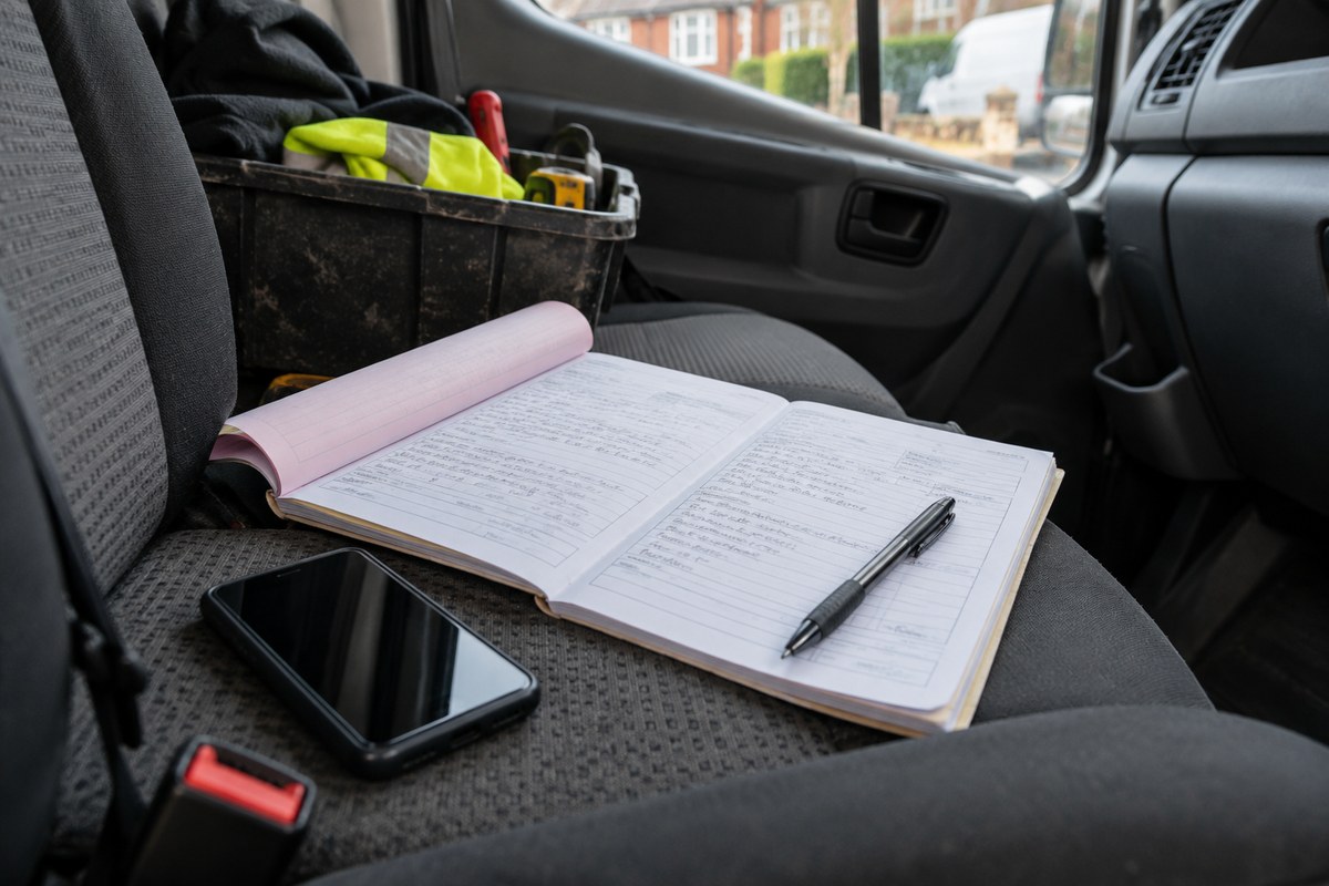 A carbon copy job sheet book open on a van passenger seat next to a mobile phone