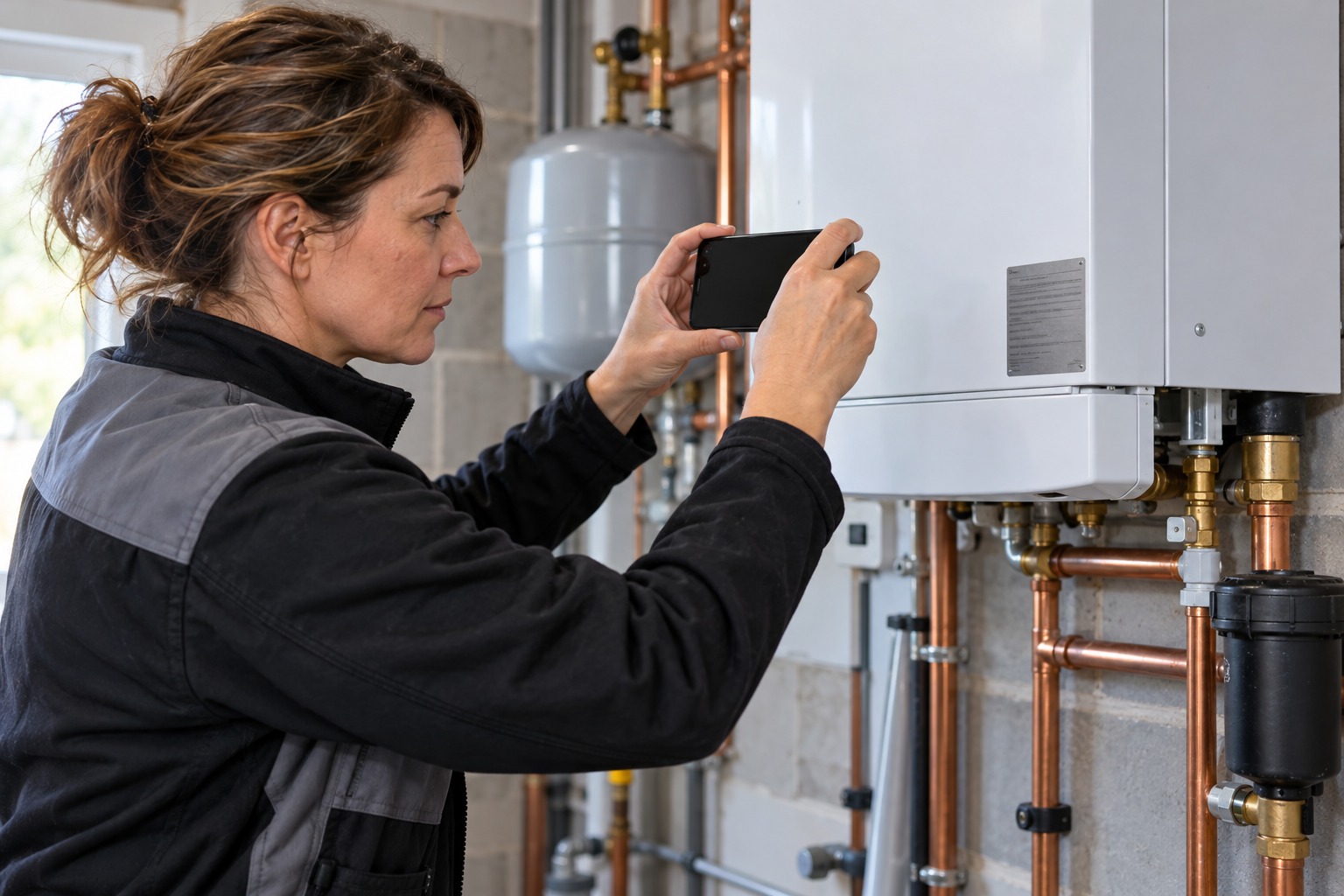 A heating engineer filling in paperwork on a clipboard beside a newly fitted boiler