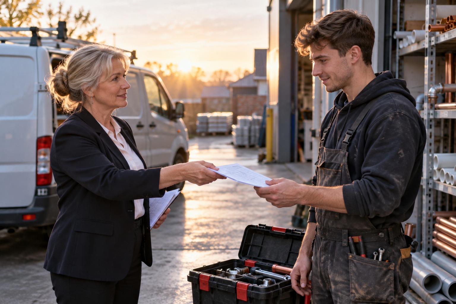 An office person handing a printed job brief to an engineer before he sets off