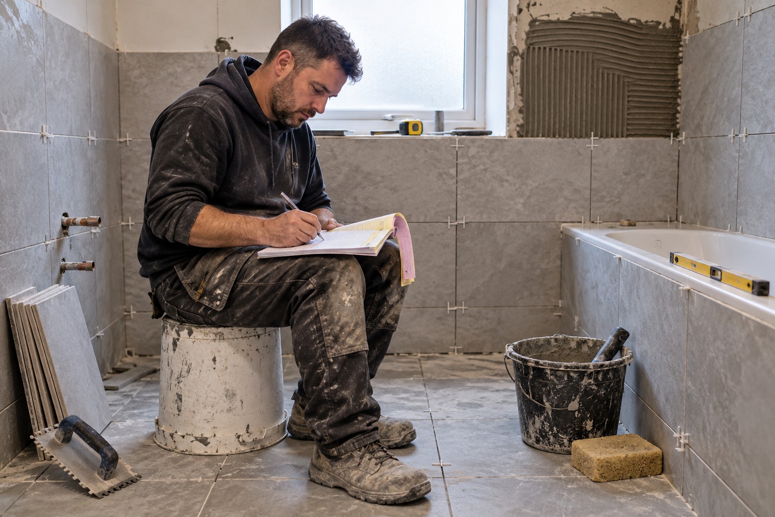 A joiner on a doorstep holding a paper job sheet book in one hand and a phone in the other