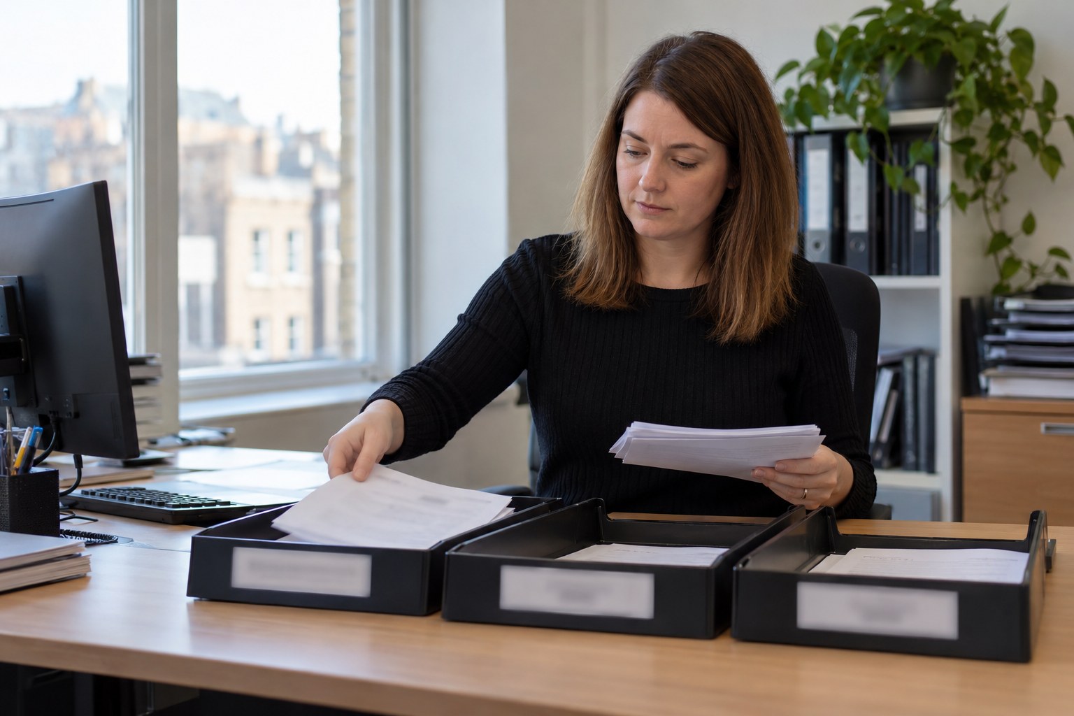 An office person sorting returned job sheets into trays on a desk