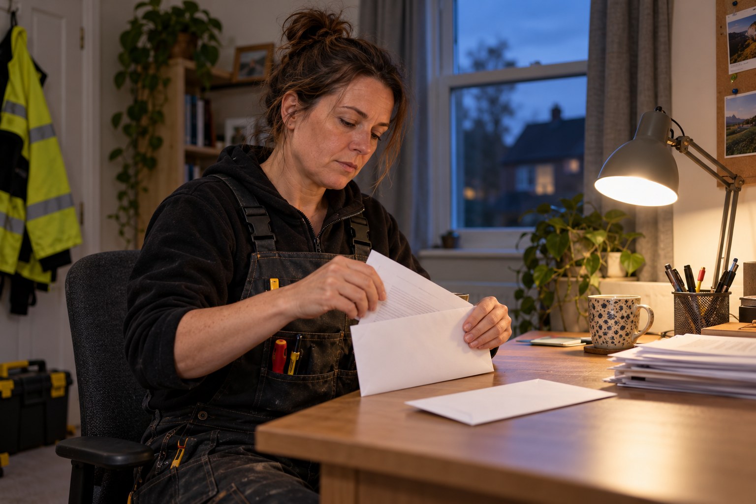An electrician at a desk in a small home office folding a printed letter into an envelope