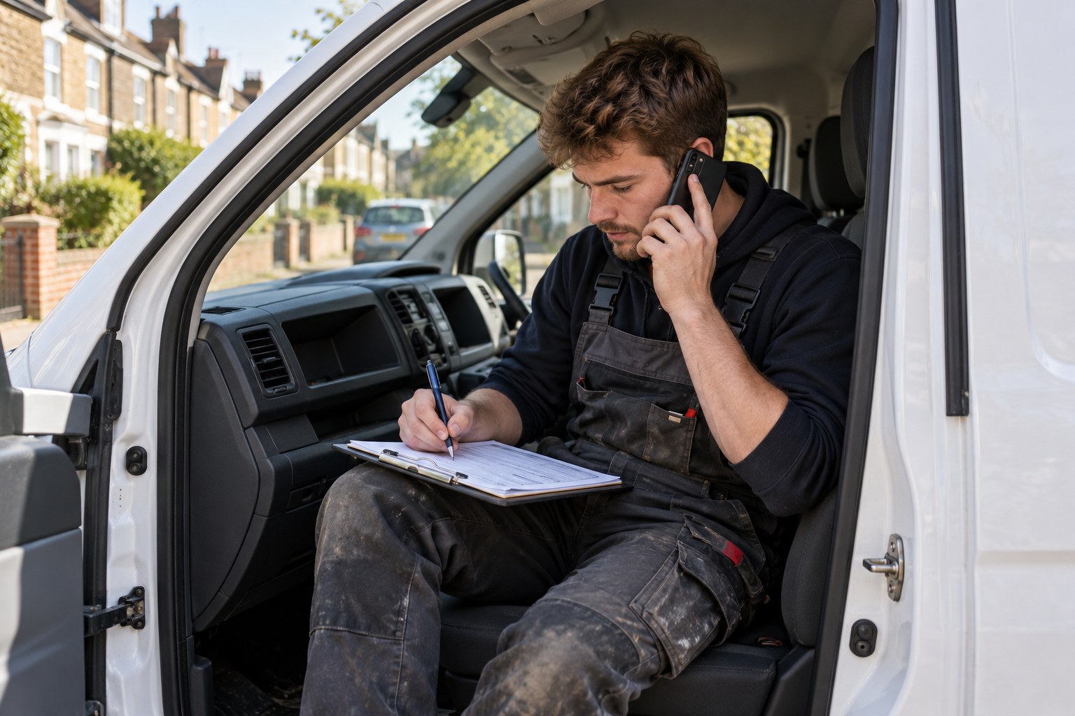 A plumber in his van taking a phone call while making notes on a printed reply form