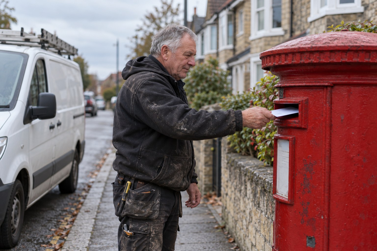 A roofer posting a letter into a red postbox on a residential street beside his parked van