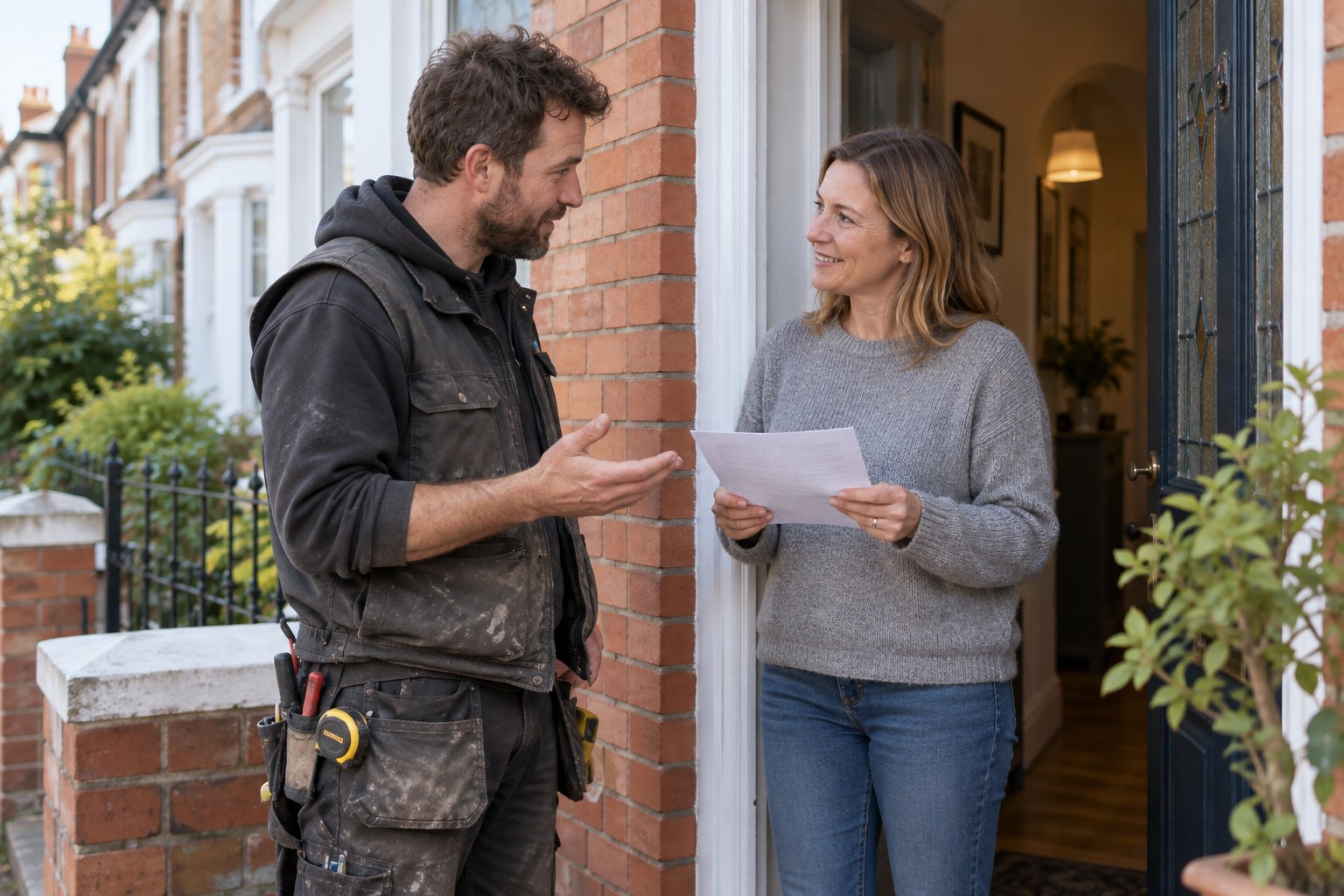 A builder and a homeowner talking calmly on a doorstep about a sheet of paper the homeowner is holding