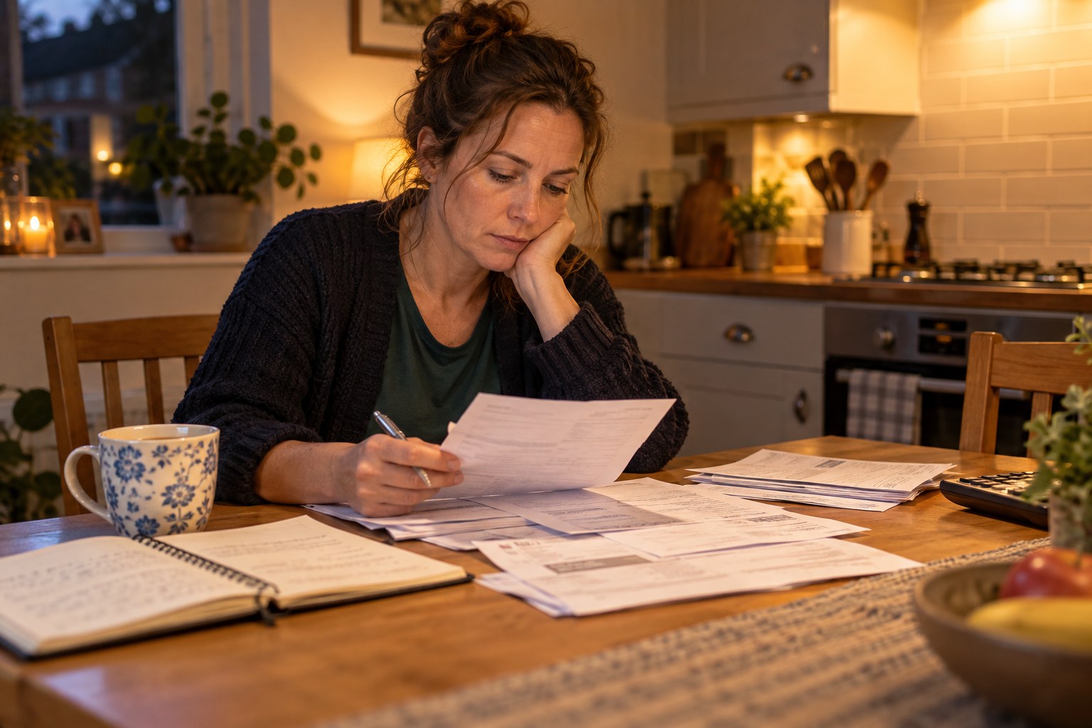A woman at a kitchen table in the evening going through a small pile of paper invoices with a pen
