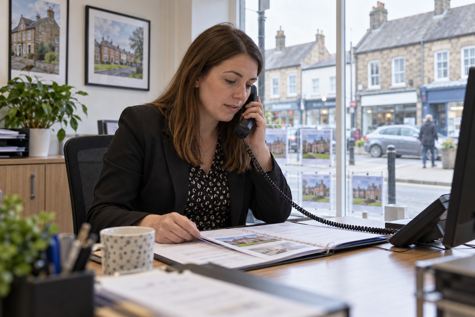 A letting agent on the phone at a desk in a small high street office with a property file open