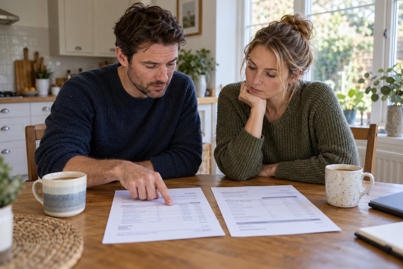 A couple at a kitchen table comparing two printed quotes side by side