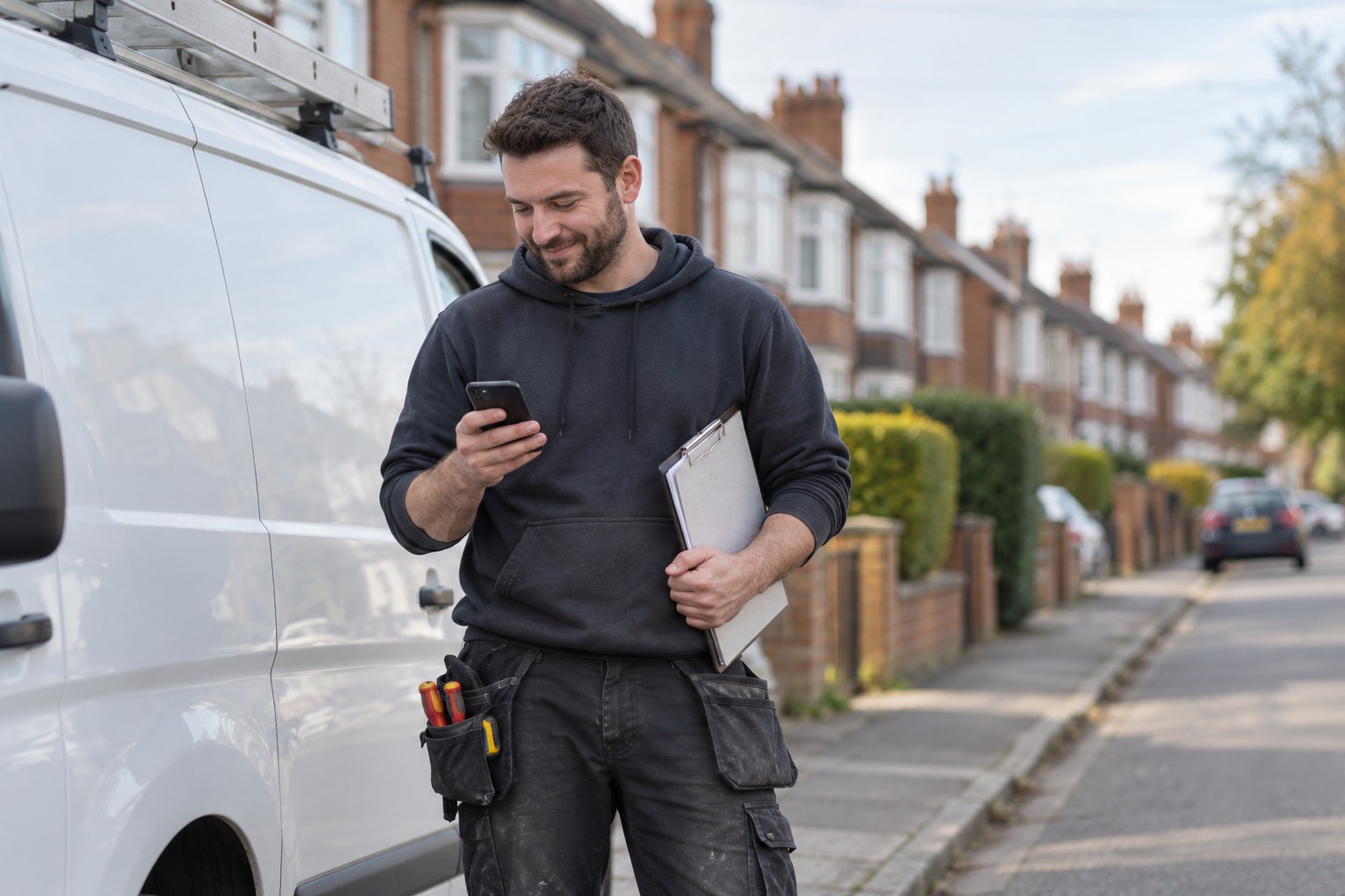 An electrician beside his van on a residential street reading a reply on his phone