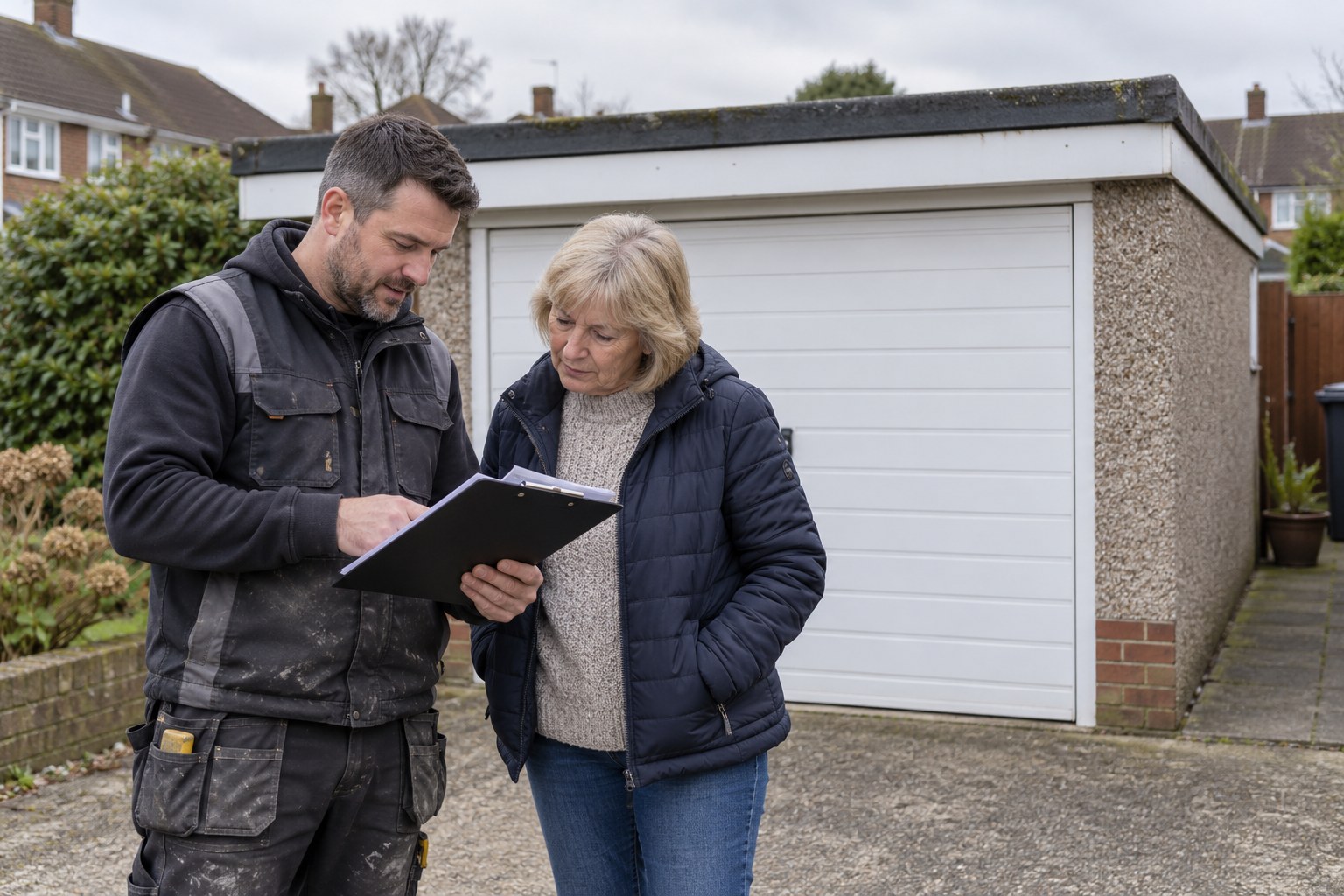 A roofer and a homeowner standing by a garage looking at a printed quote together