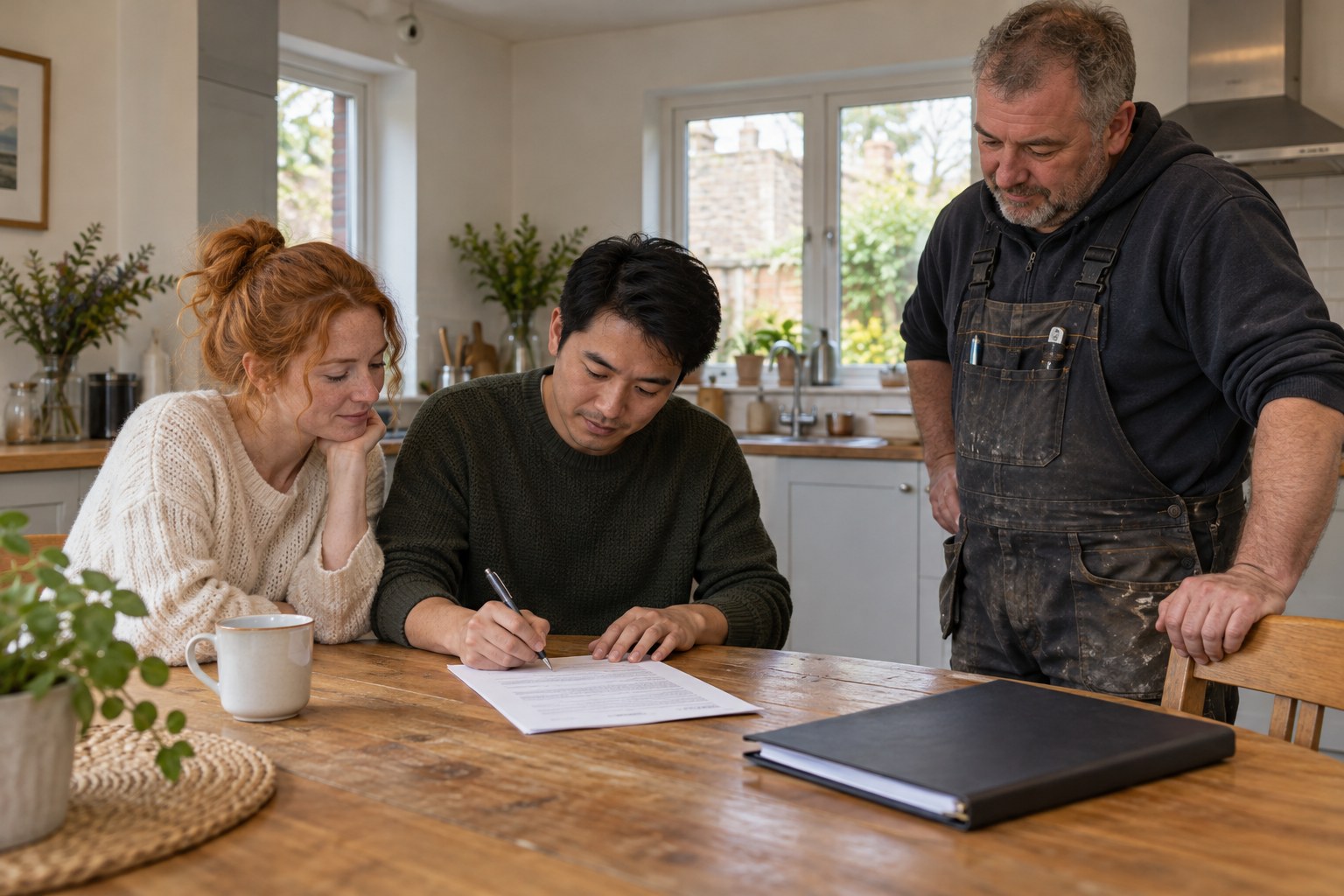 A couple at their kitchen table signing a printed quote while a builder waits beside them