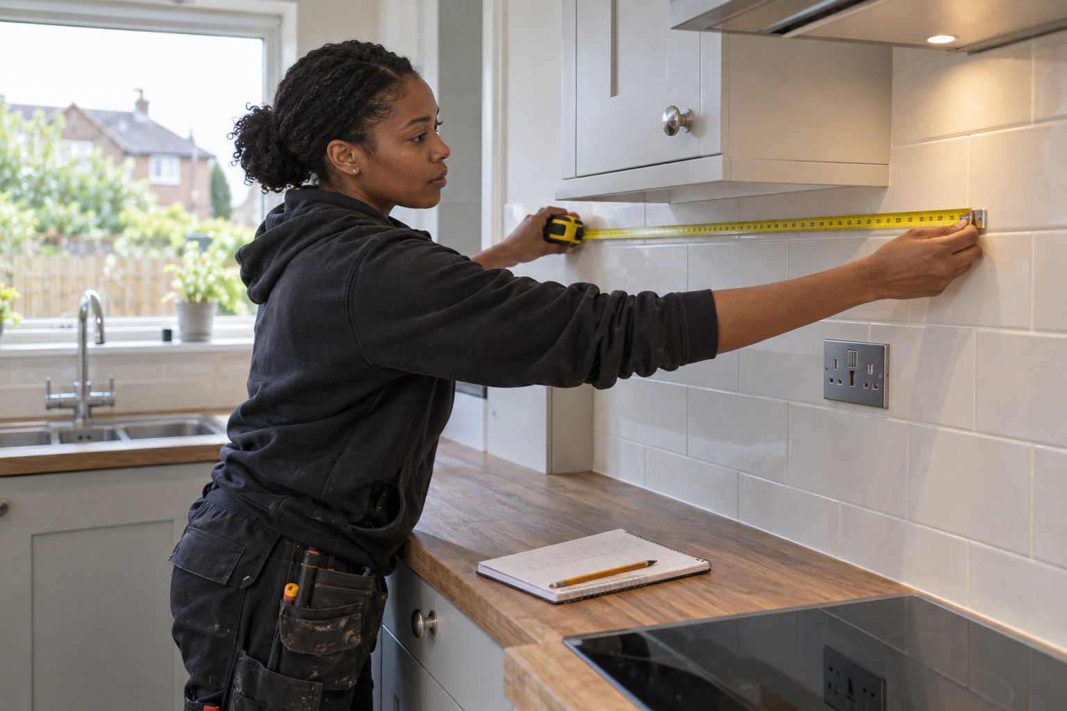 An electrician measuring along a kitchen wall with a tape measure while making notes on a pad
