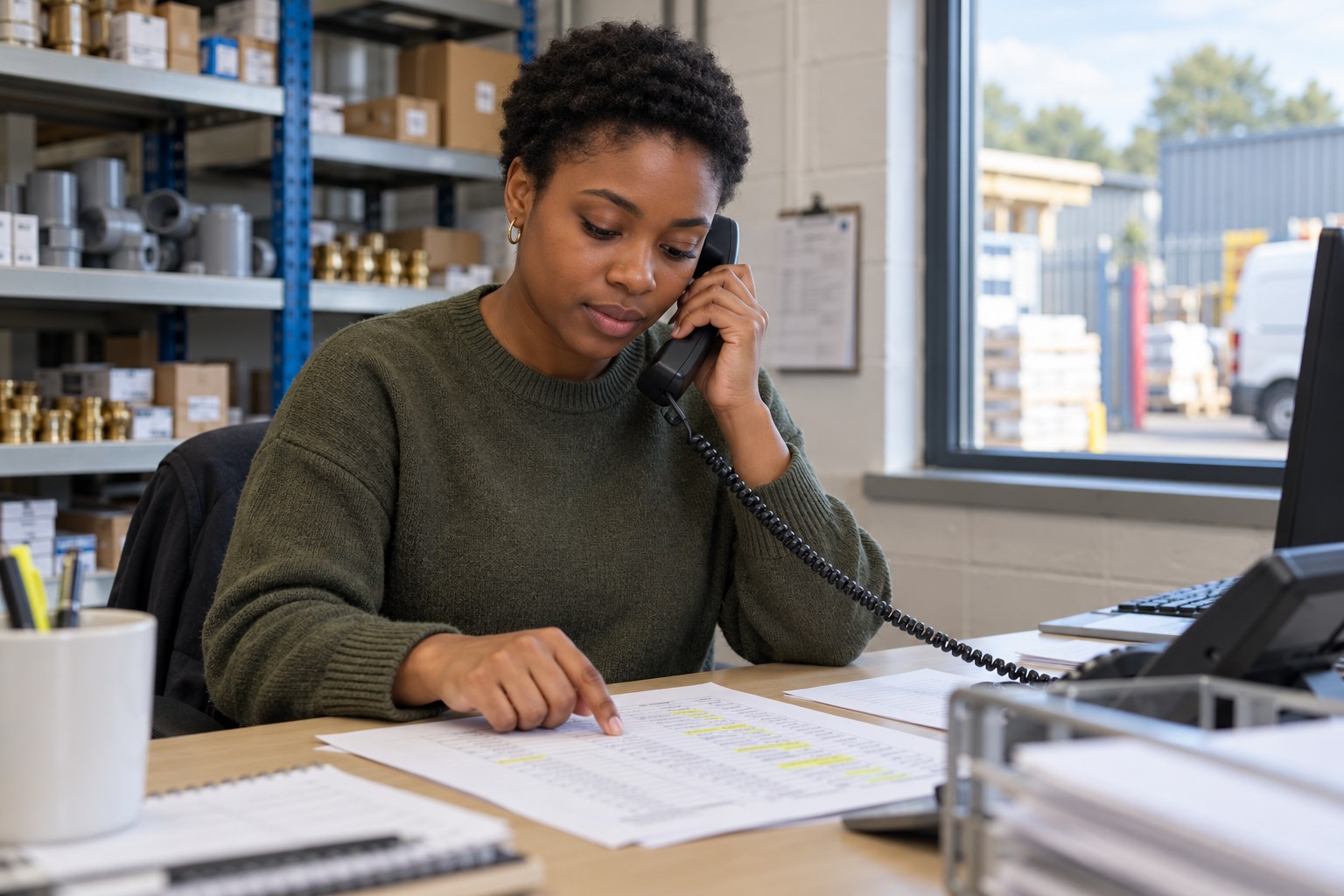 An office person at a desk in a small trade unit ringing a customer about a quote while reading from a printed list