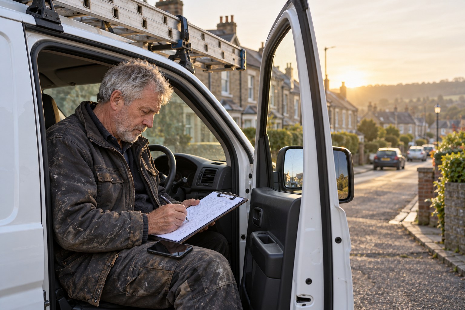 A roofer in his sixties sitting in his parked van early in the morning ticking off a printed list of quotes on a clipboard