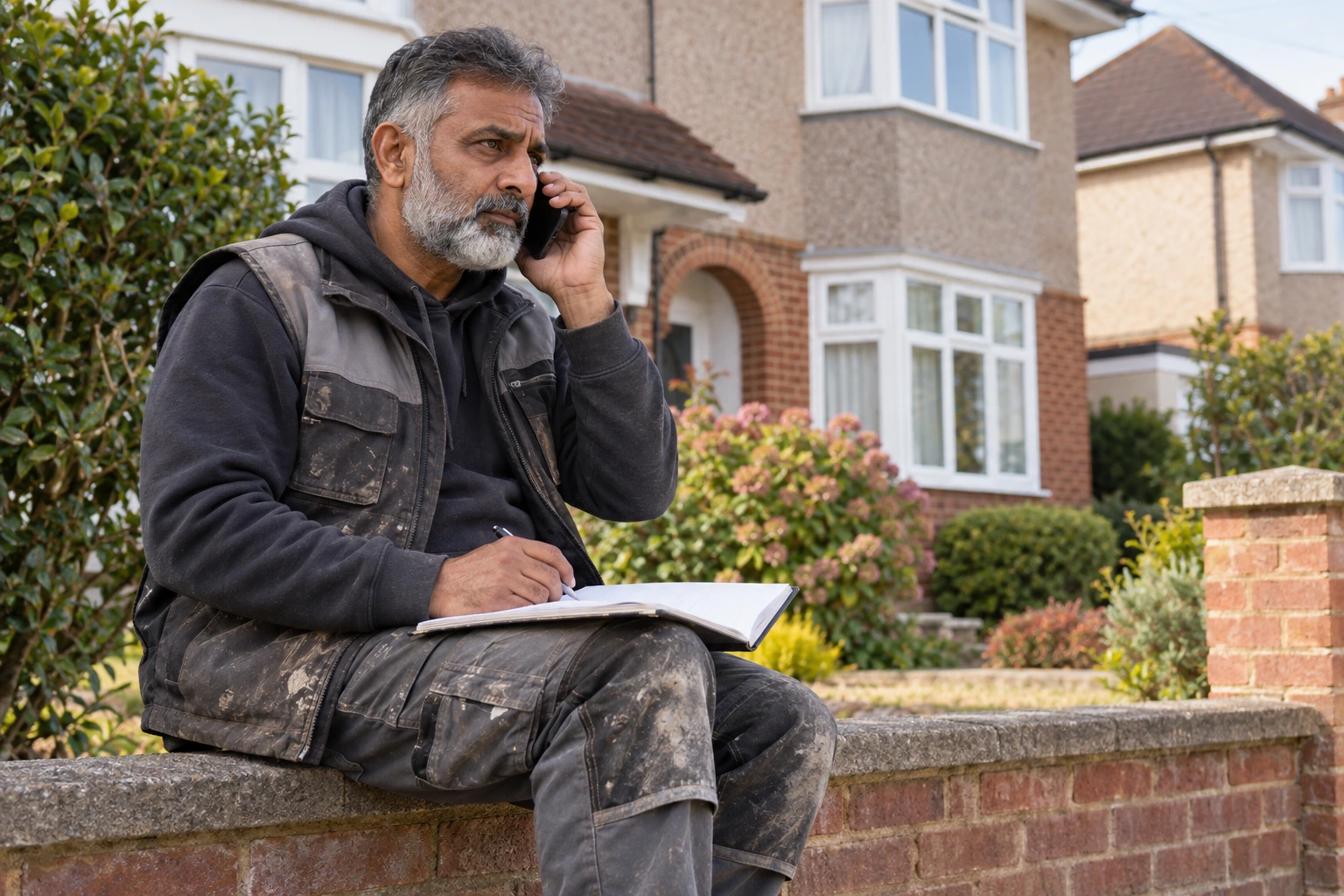 Builder making a follow-up call outside a semi-detached house