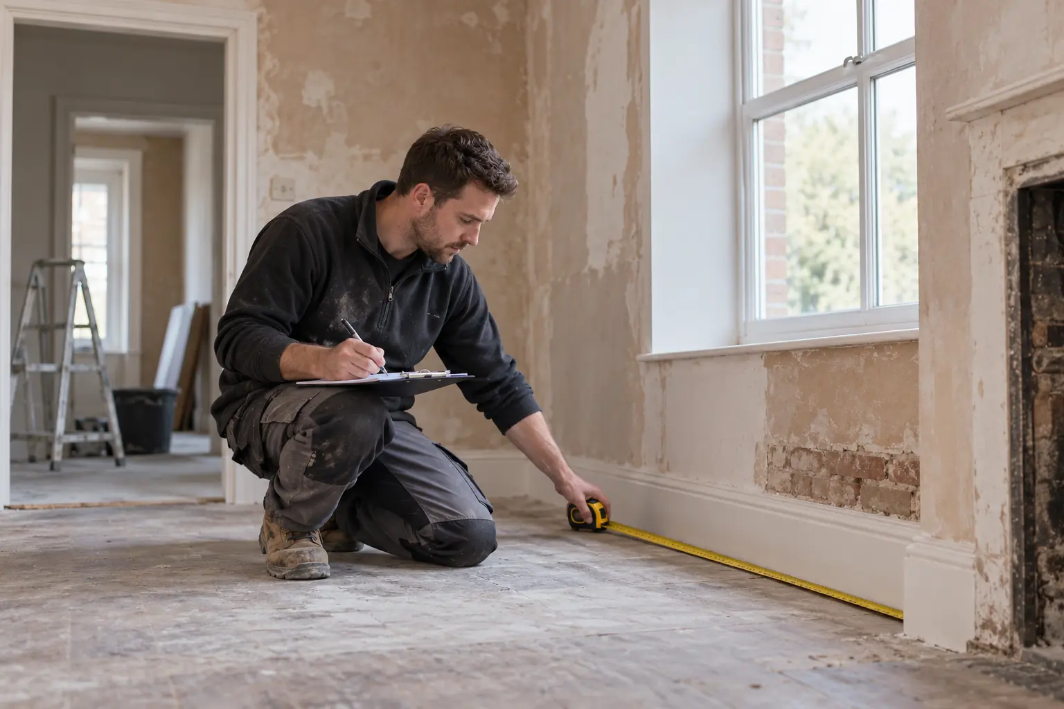 Measuring a room during a site visit before writing the quote