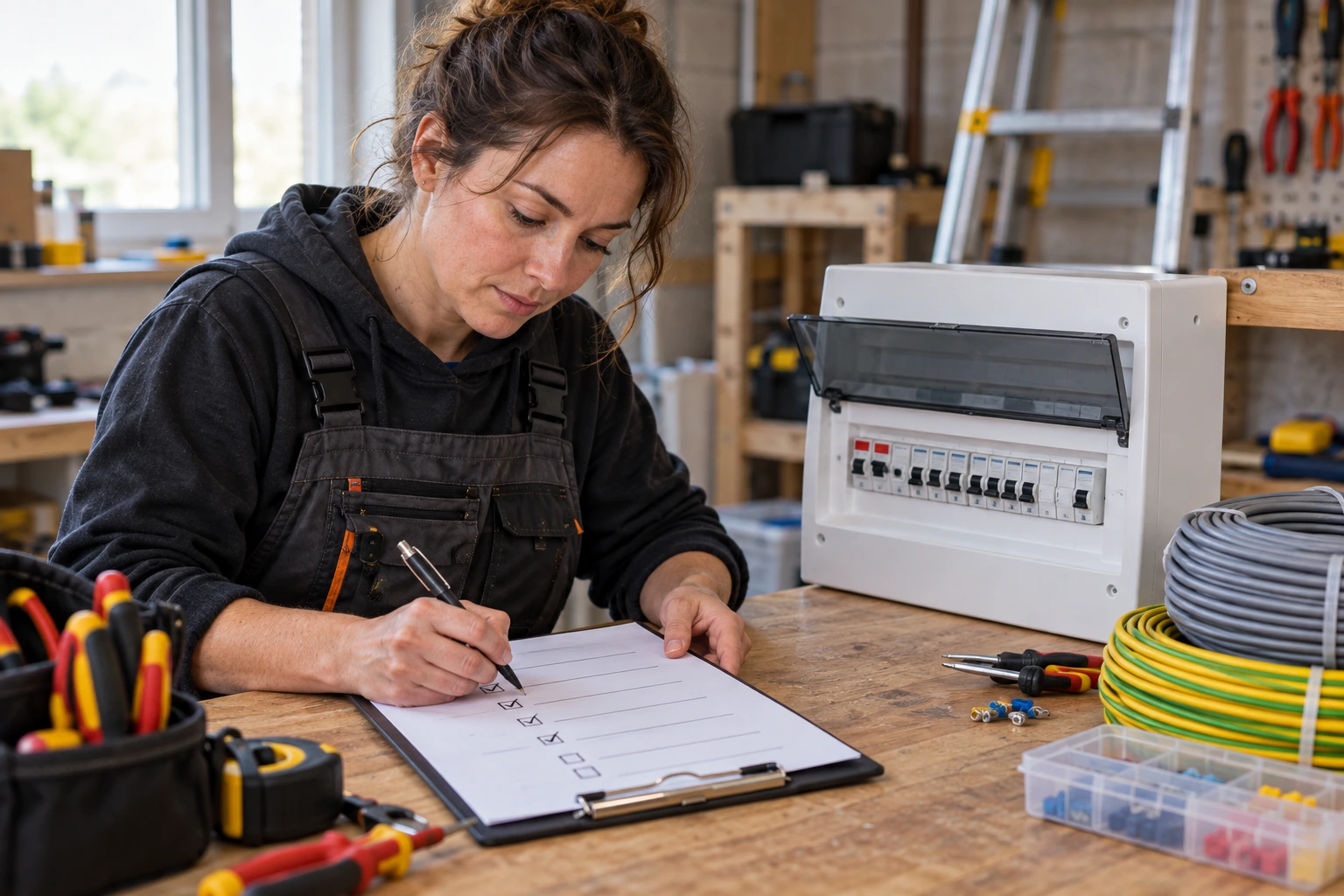 Female electrician ticking a printed checklist at a workbench
