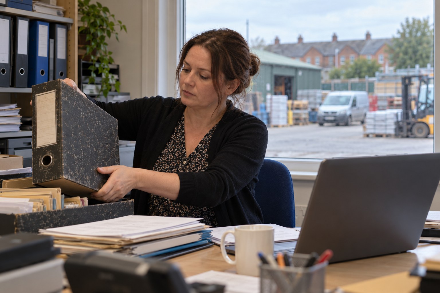 An office person going through an old box file of customer records beside a laptop