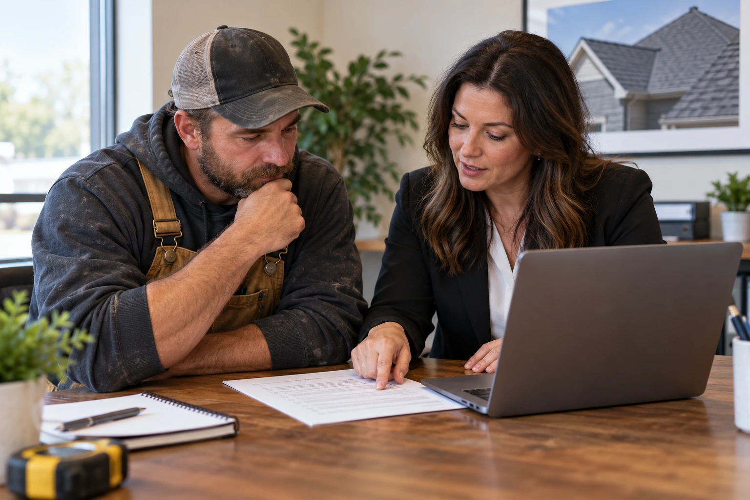Roofer and office partner reviewing printed software questions