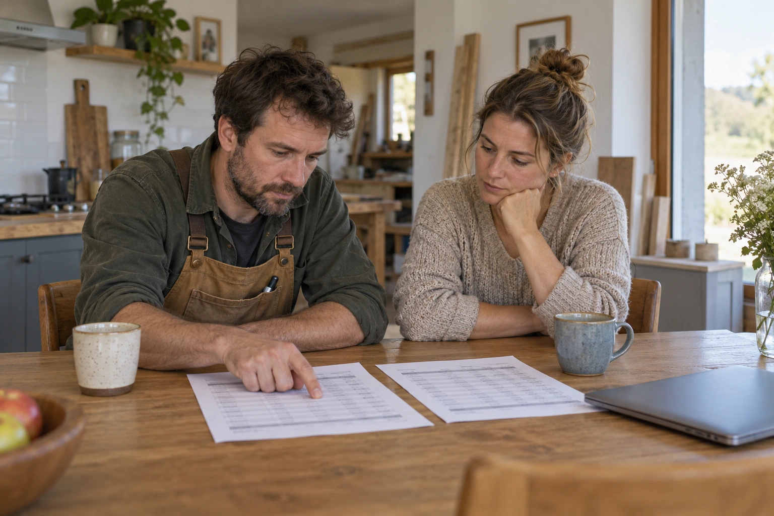 Joinery business owners comparing printed price sheets at a kitchen table