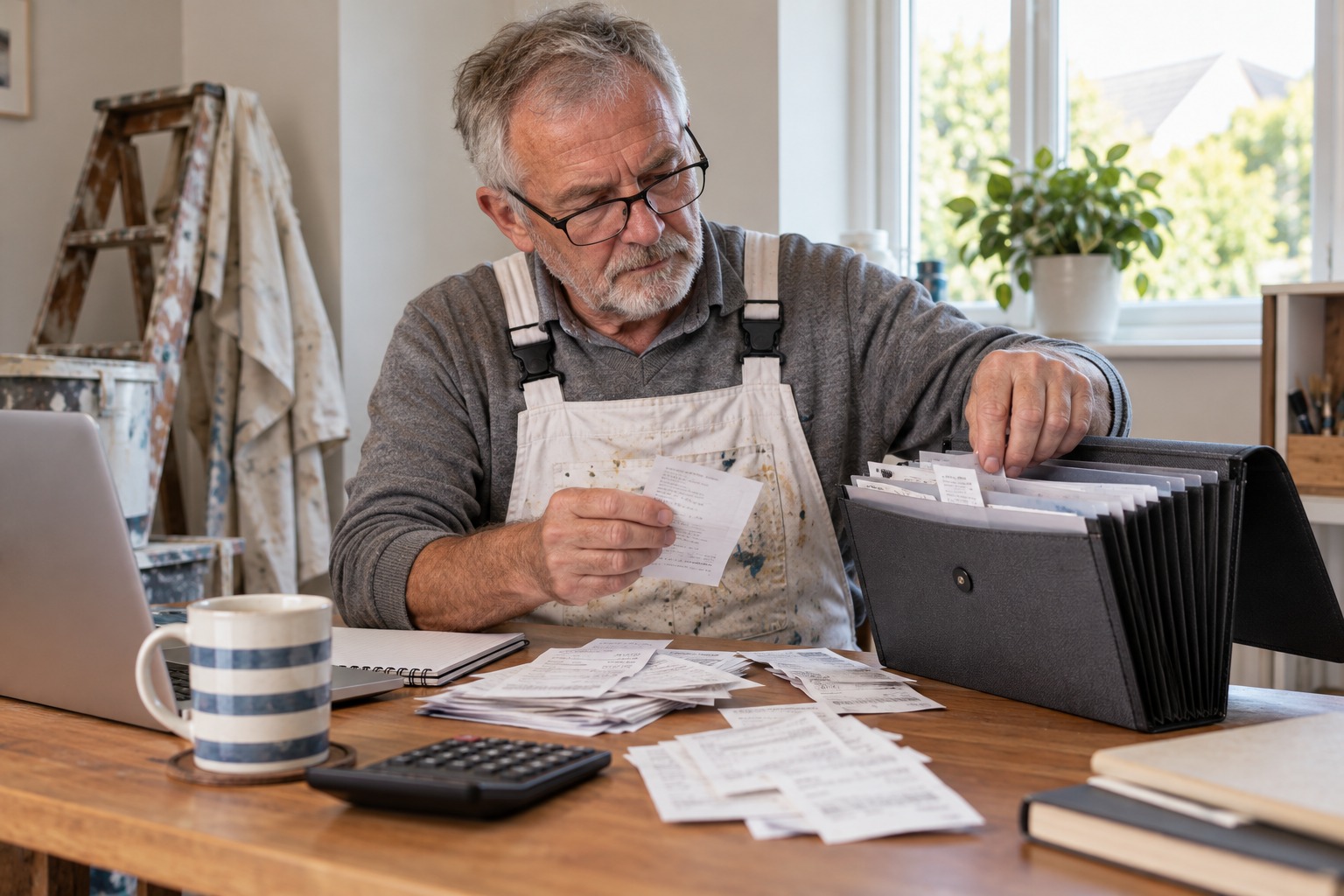 A sole trader sorting receipts and paperwork at the kitchen table with a laptop and phone