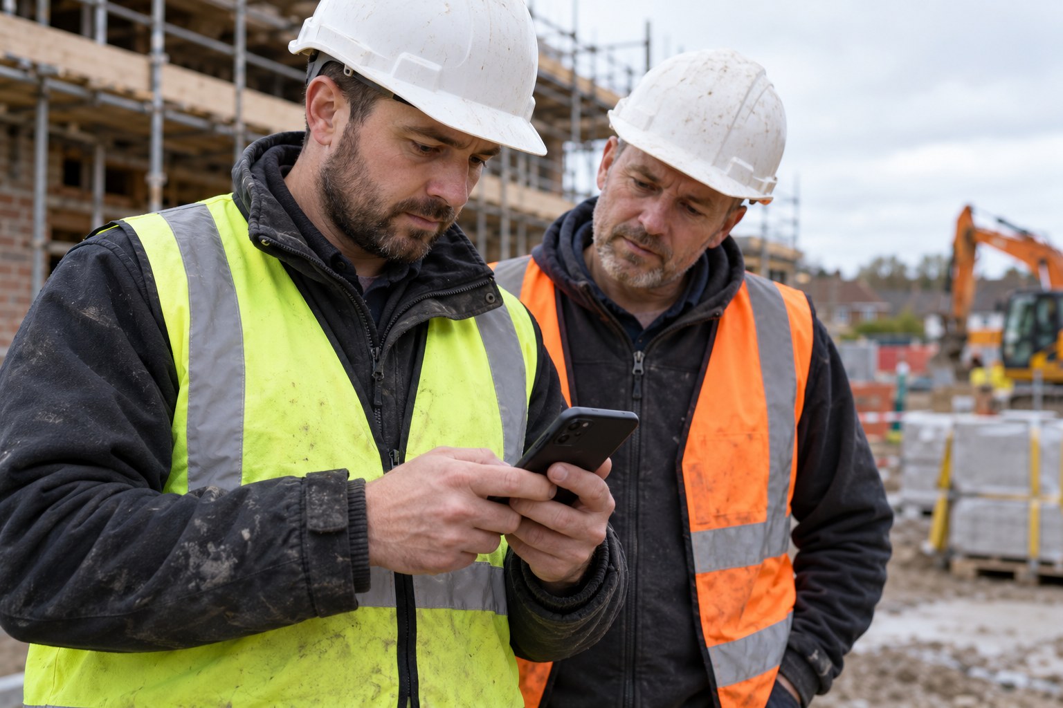 An engineer trying out a job app on his phone on site while a colleague watches